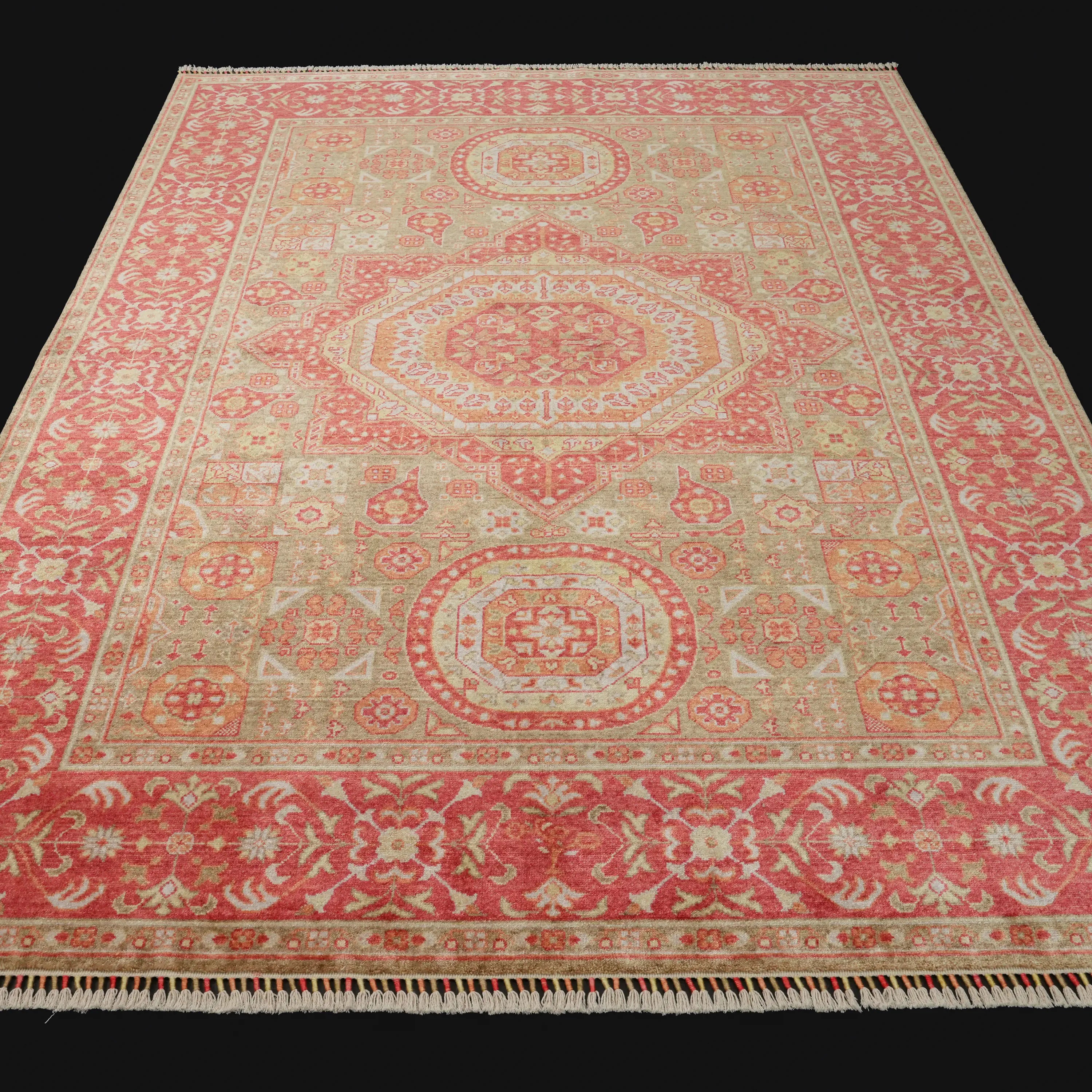 Zade Serisi Memlük Desenli Kırmızı Yeşil Tezgah Dokuma Doğal Halı