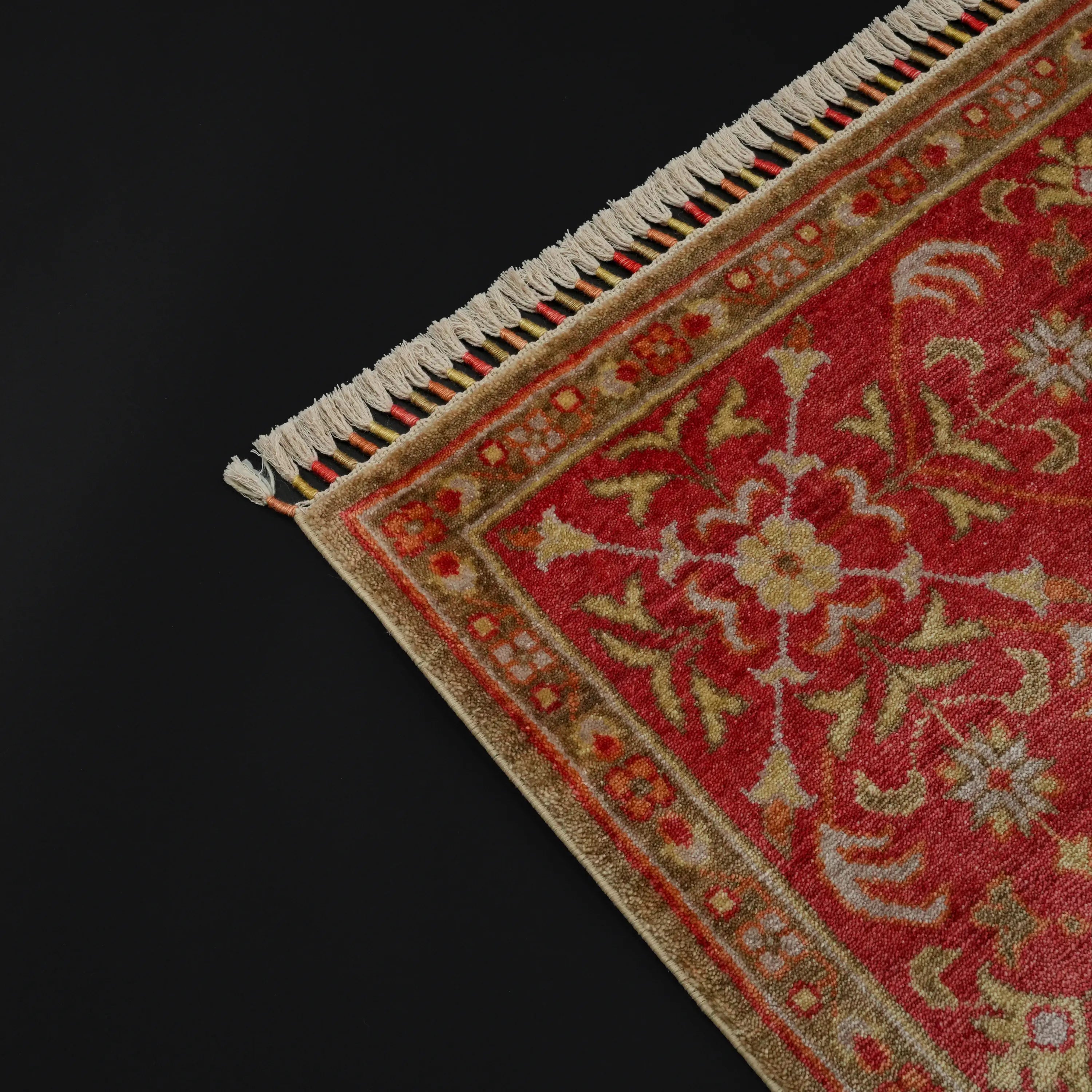 Zade Serisi Memlük Desenli Kırmızı Yeşil Tezgah Dokuma Doğal Halı