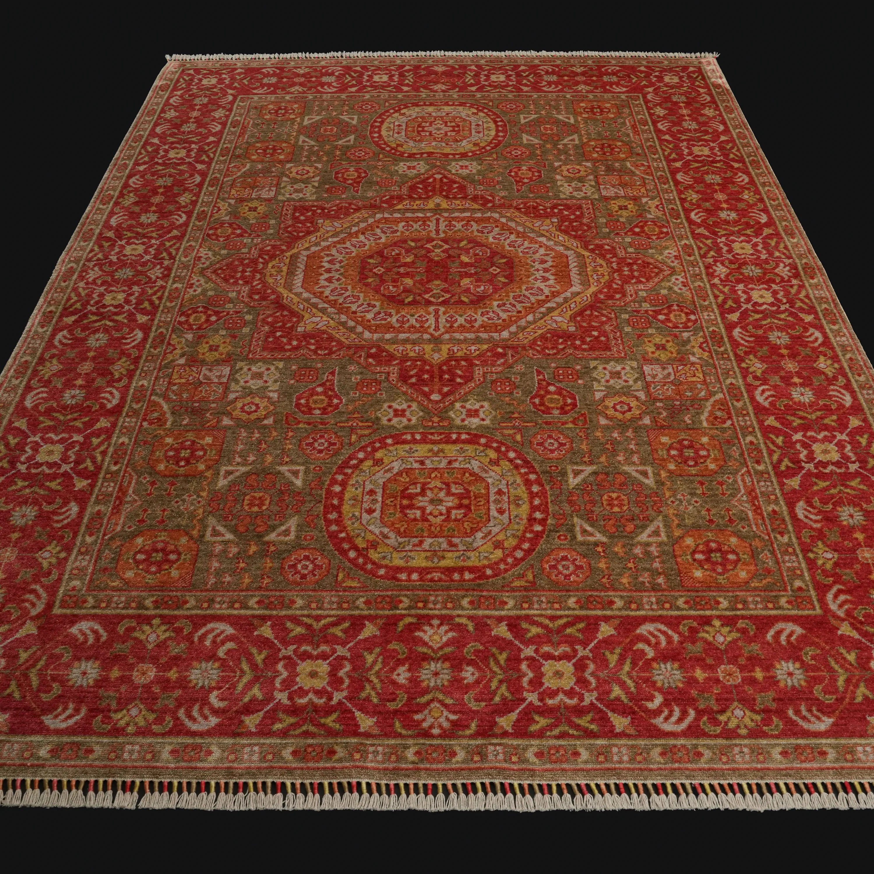 Zade Serisi Memlük Desenli Kırmızı Yeşil Tezgah Dokuma Doğal Halı