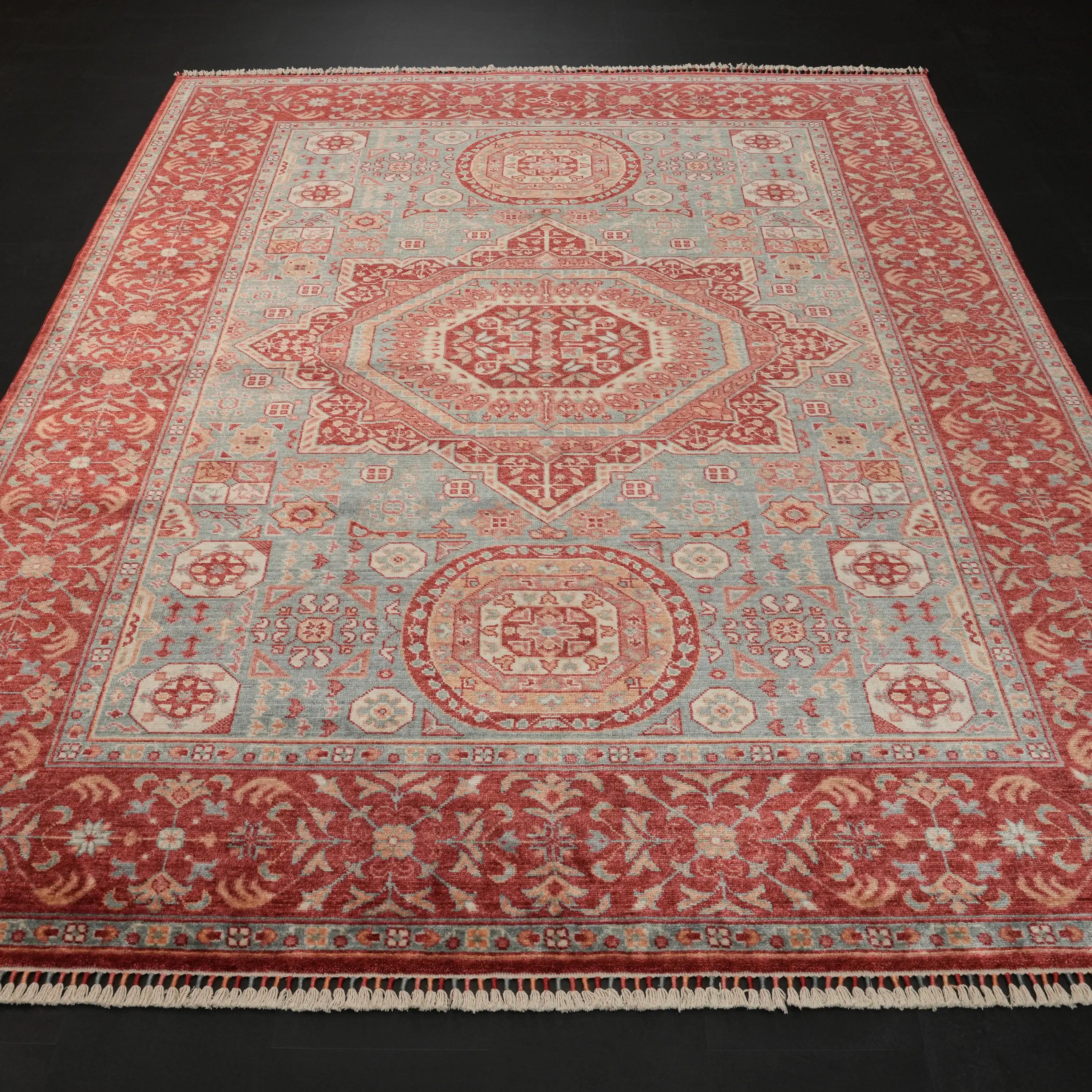 Zade Serisi Memlük Desenli Mavi Tezgah Dokuma Doğal Halı