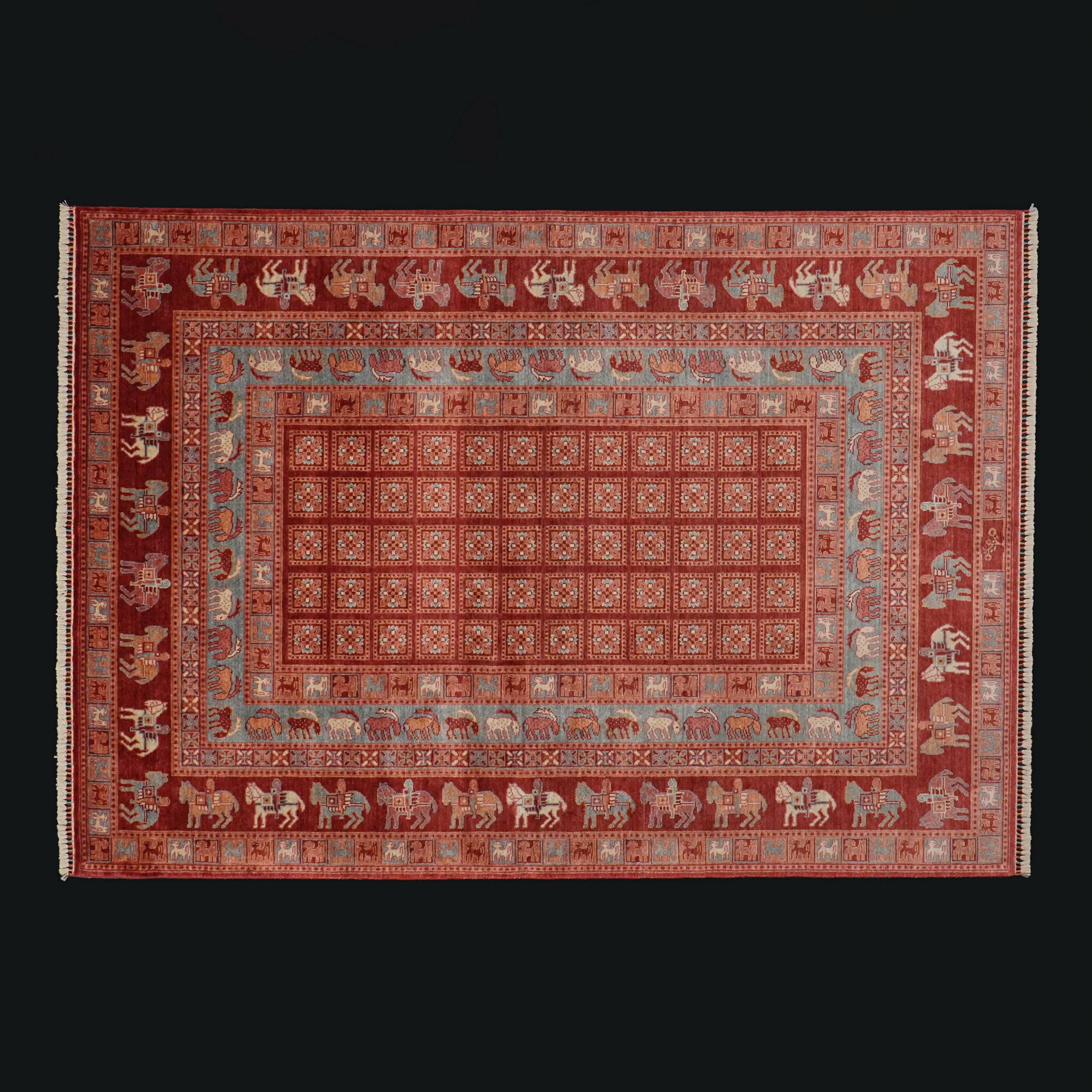 Zade Serisi Pazırık Desenli Kırmızı Tezgah Dokuma Doğal Halı