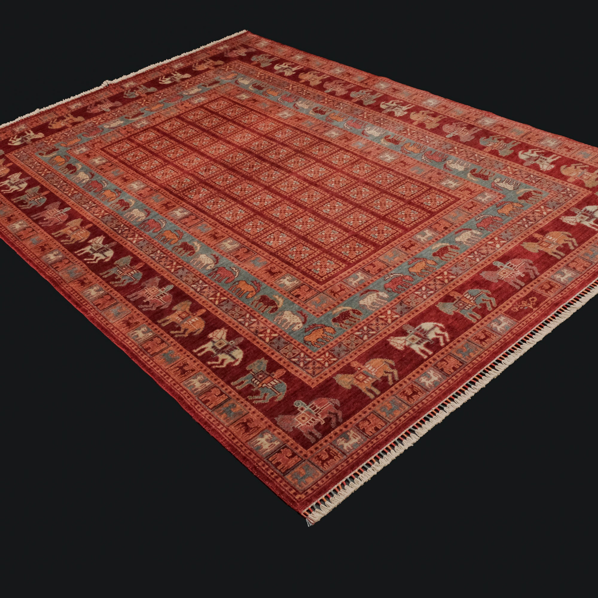 Zade Serisi Pazırık Desenli Kırmızı Tezgah Dokuma Doğal Halı