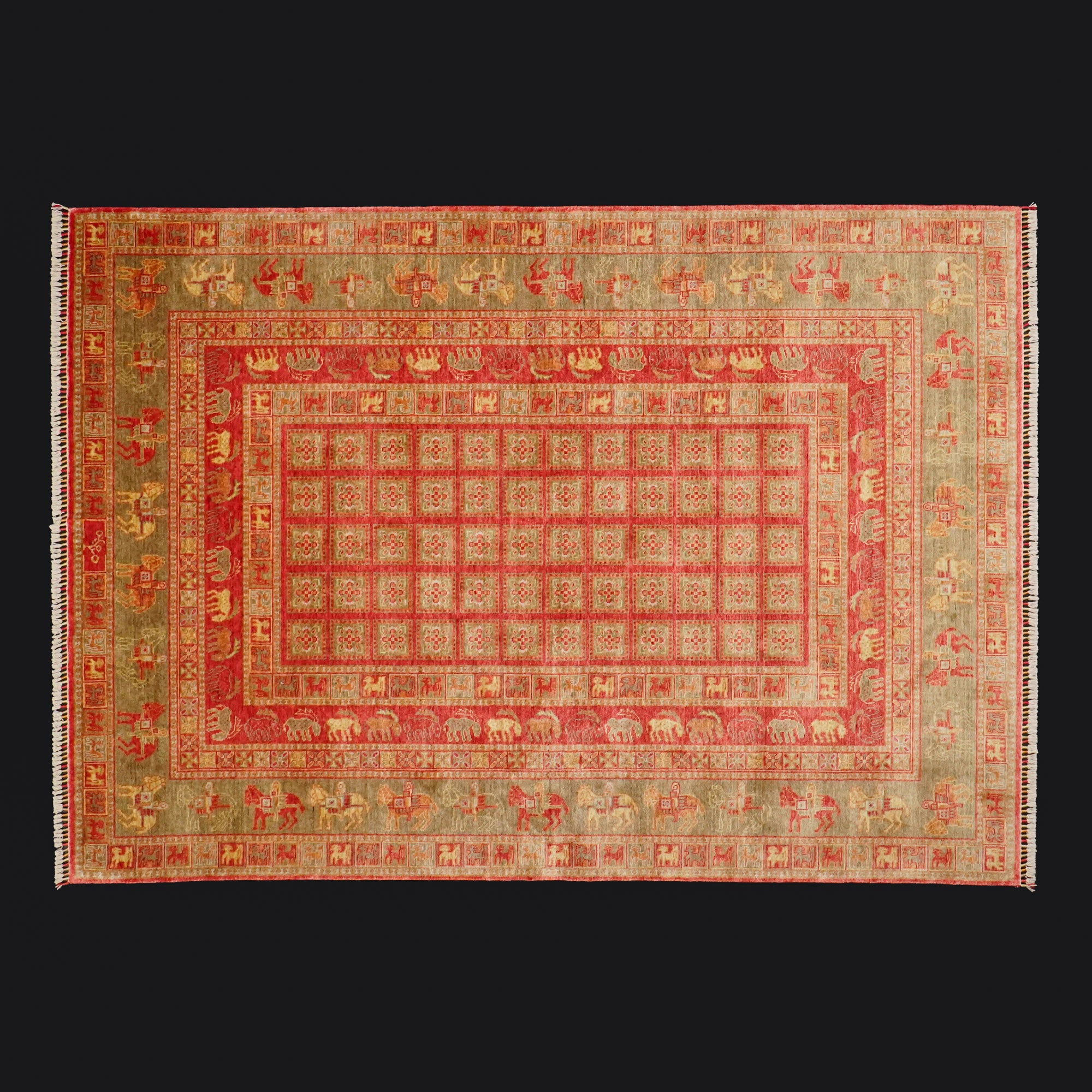 Zade Series Pazyryk Patterned Red Loom Woven Natural Carpet