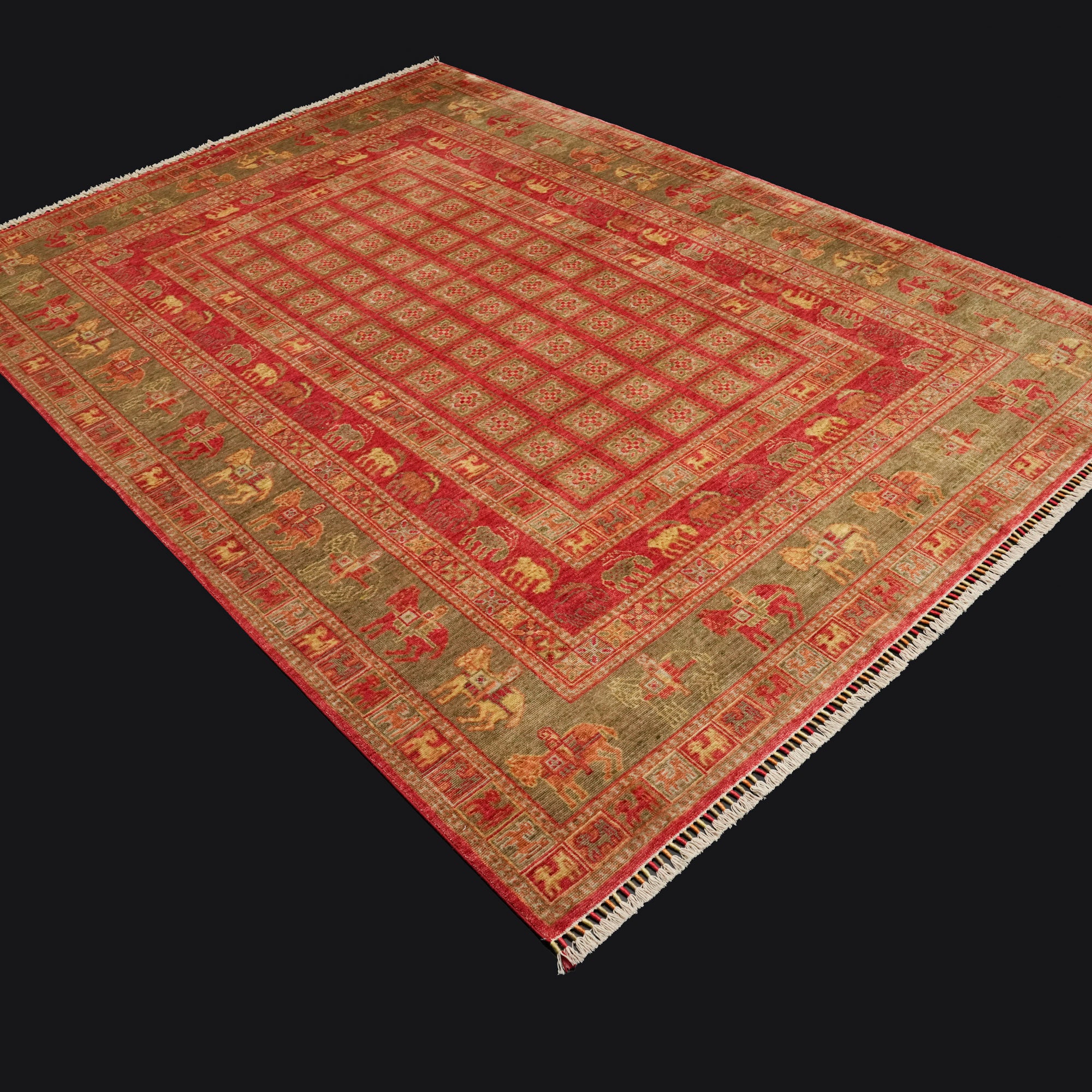 Zade Series Pazyryk Patterned Red Loom Woven Natural Carpet