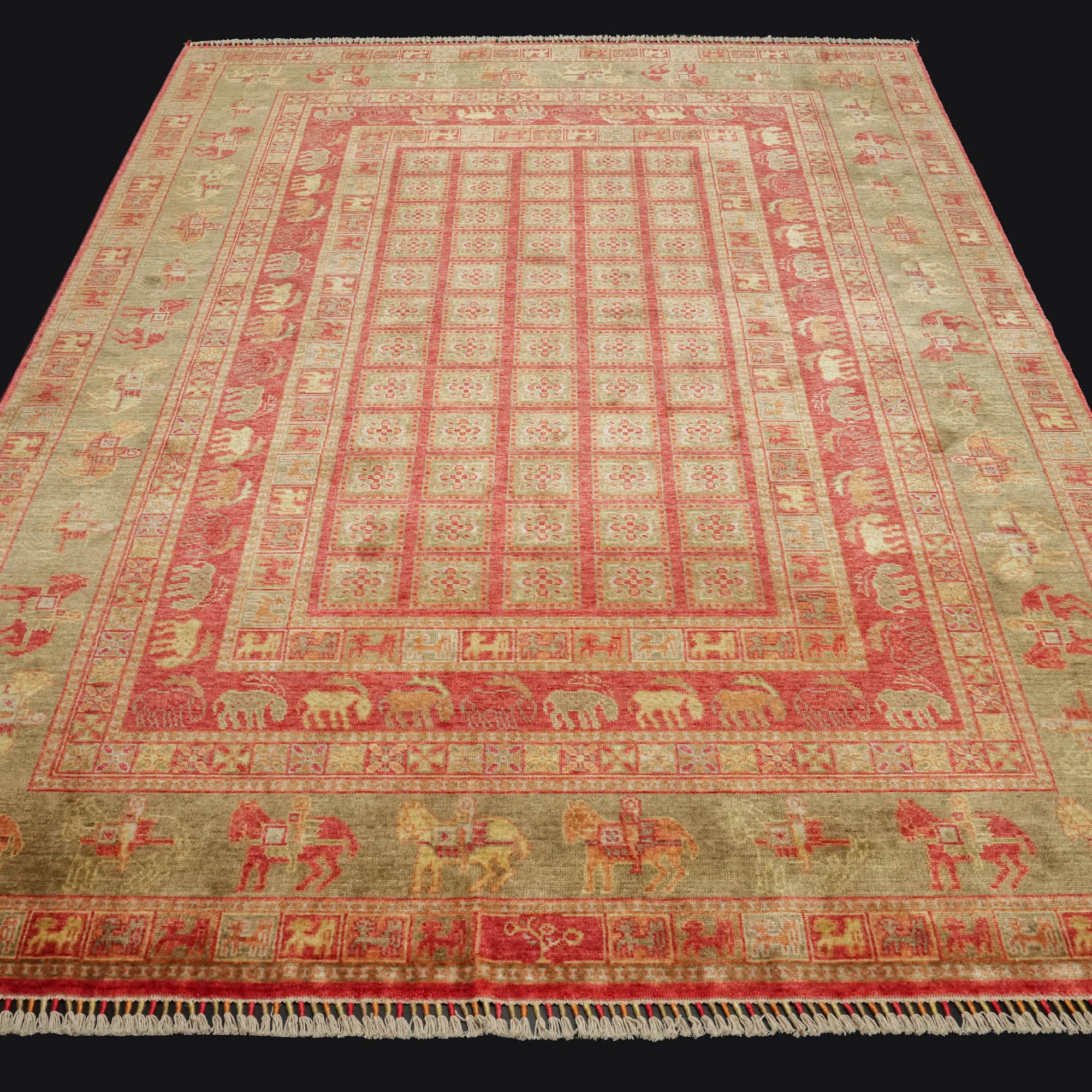 Zade Series Pazyryk Patterned Red Loom Woven Natural Carpet