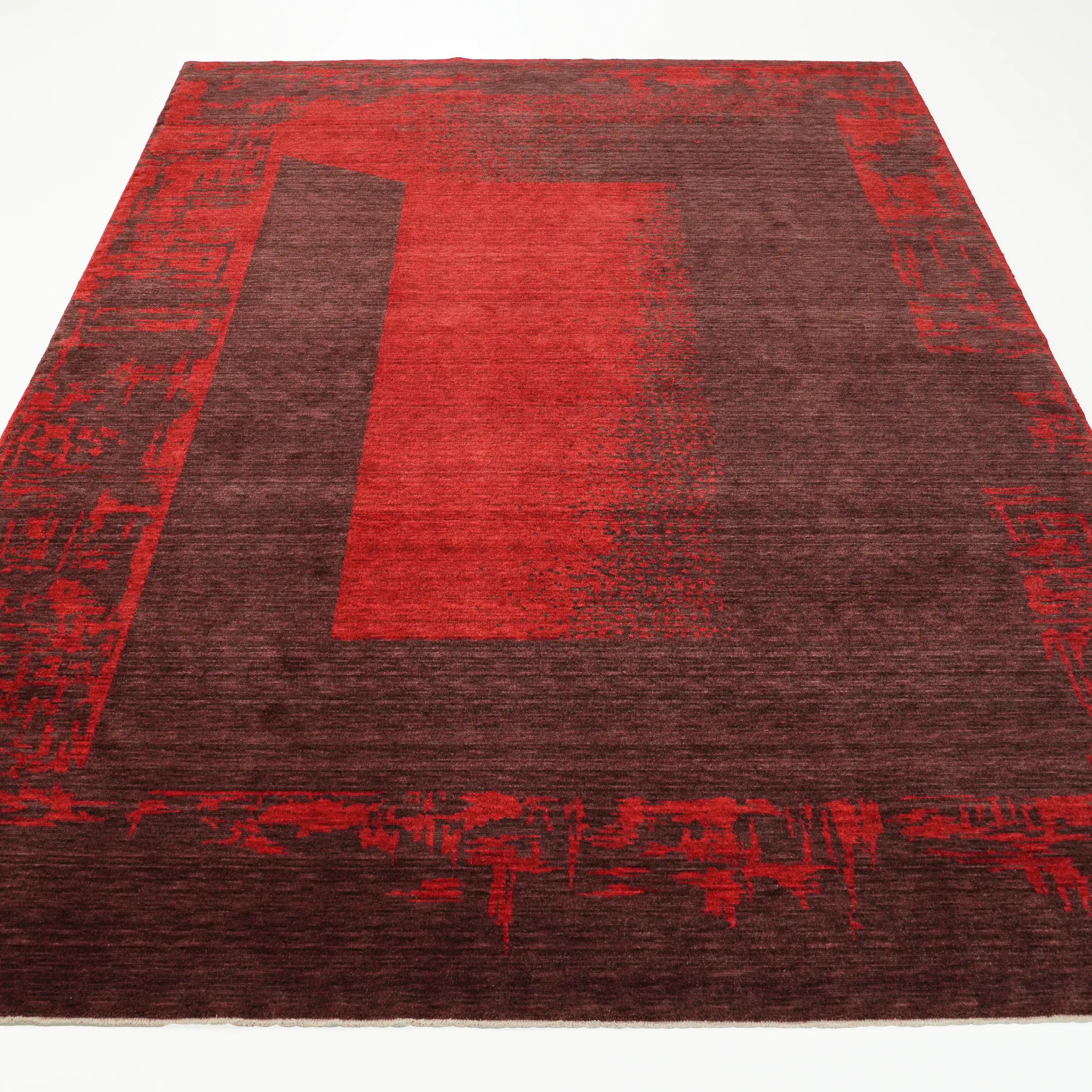 Zima Serisi Soyut Desenli Kırmızı Yün Tezgah Dokuma Halı