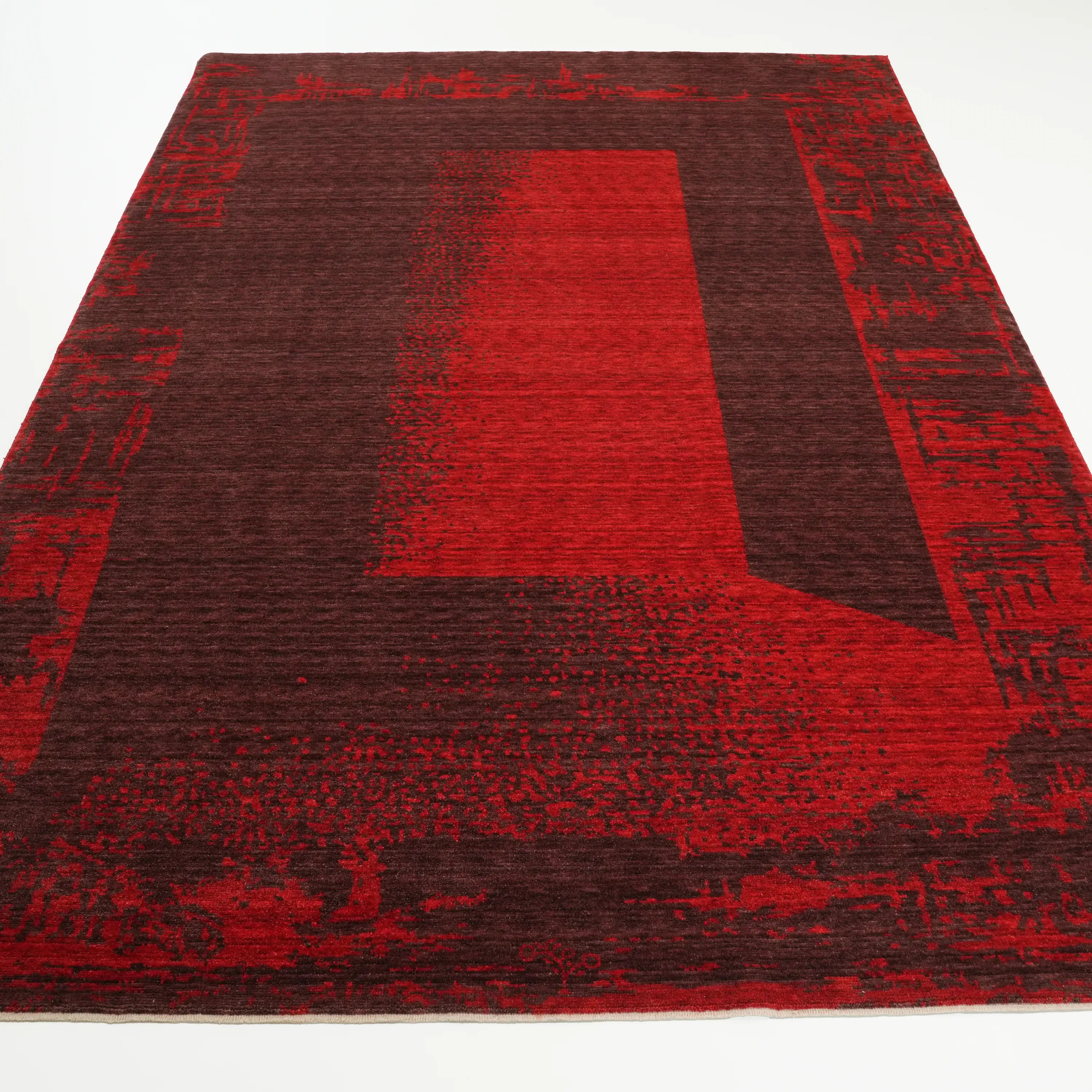 Zima Series Abstract Patterned Red Wool Loom Woven Rug
