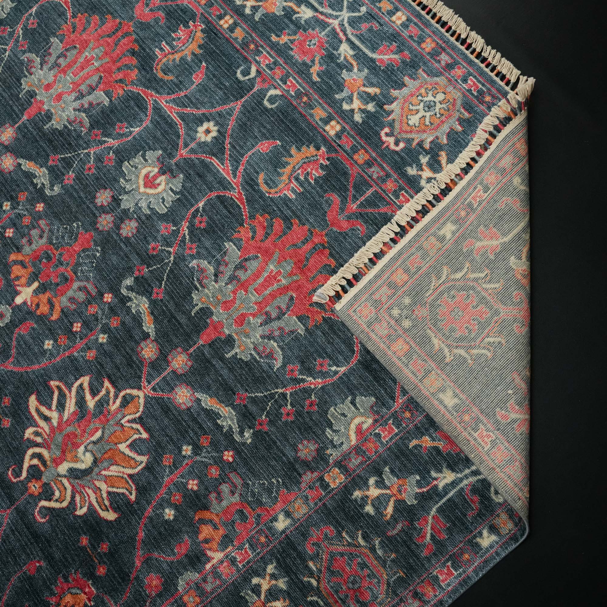 Zade Series Uşak Patterned Navy Blue Loom Woven Natural Rug