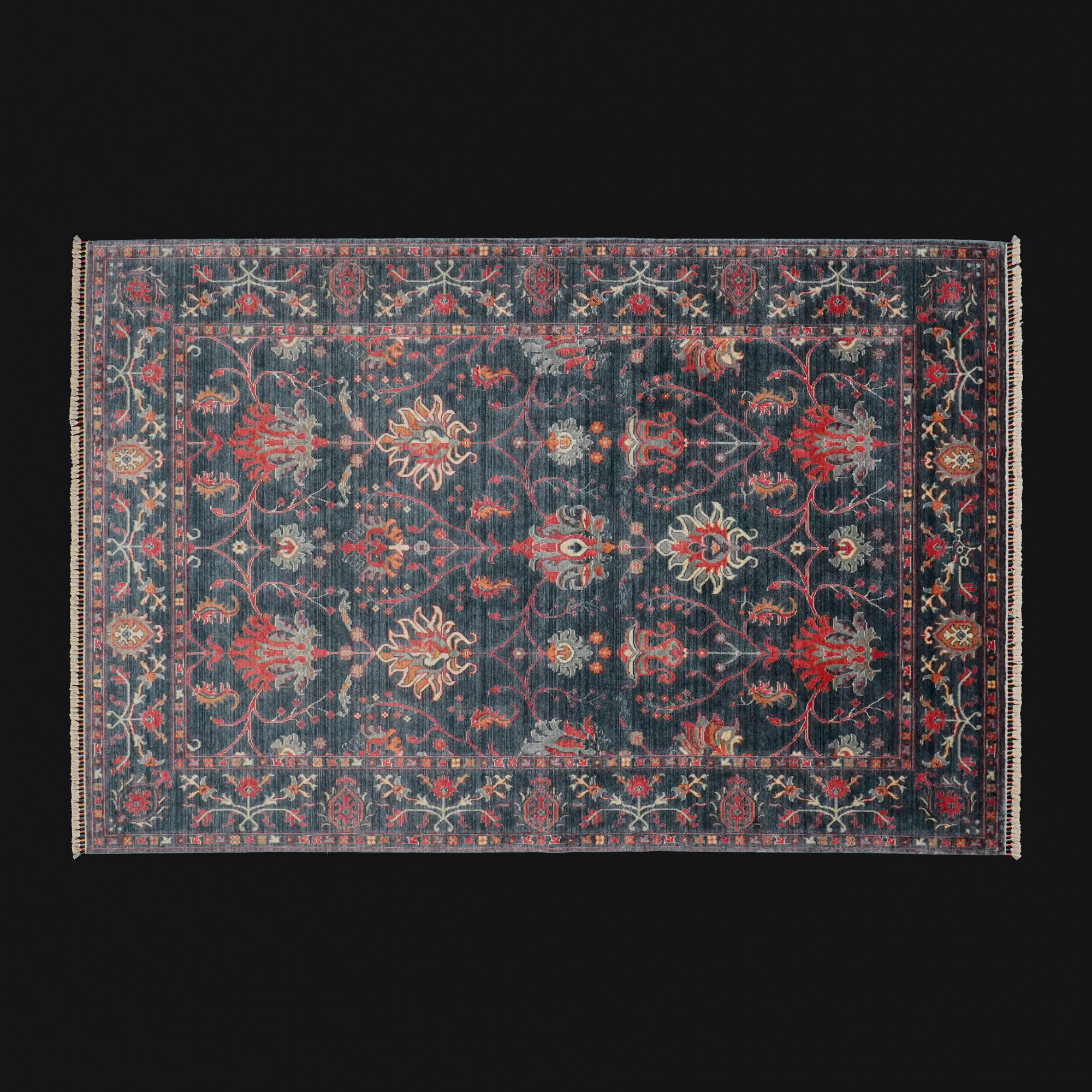 Zade Series Uşak Patterned Navy Blue Loom Woven Natural Rug