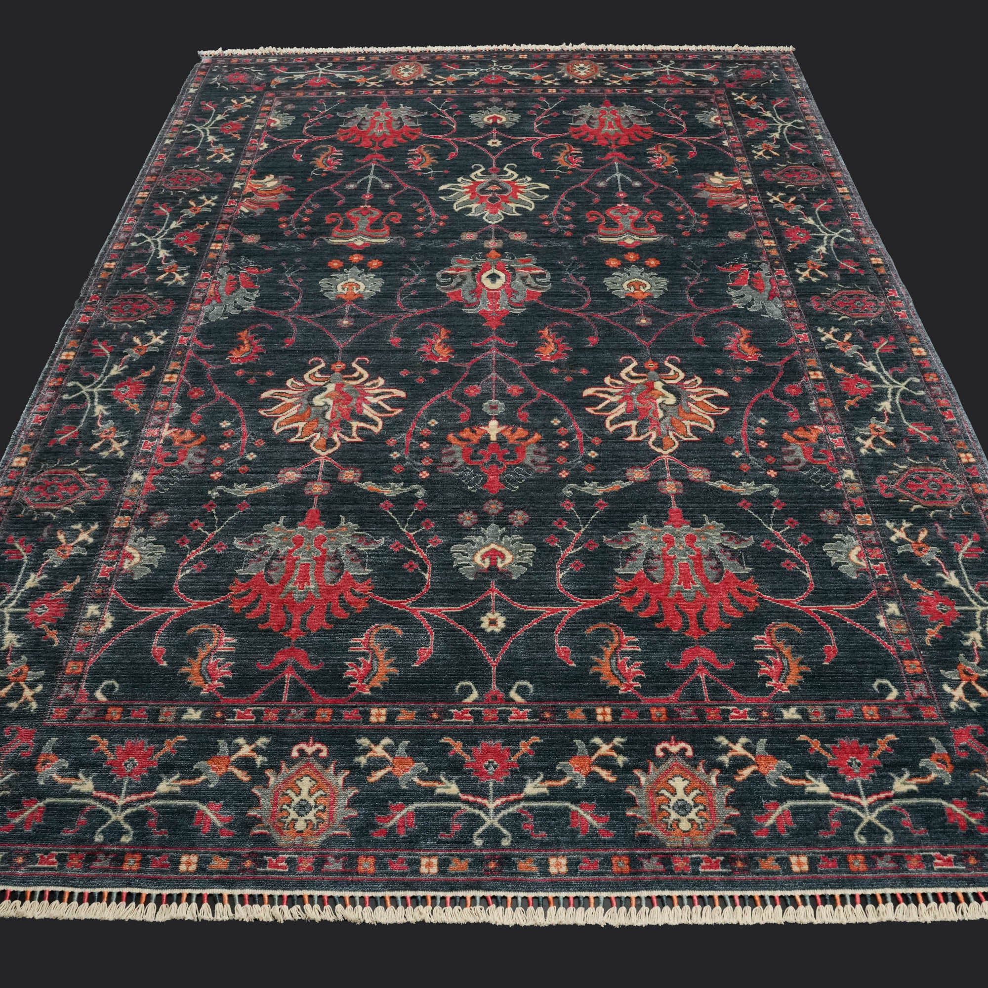 Zade Series Uşak Patterned Navy Blue Loom Woven Natural Rug