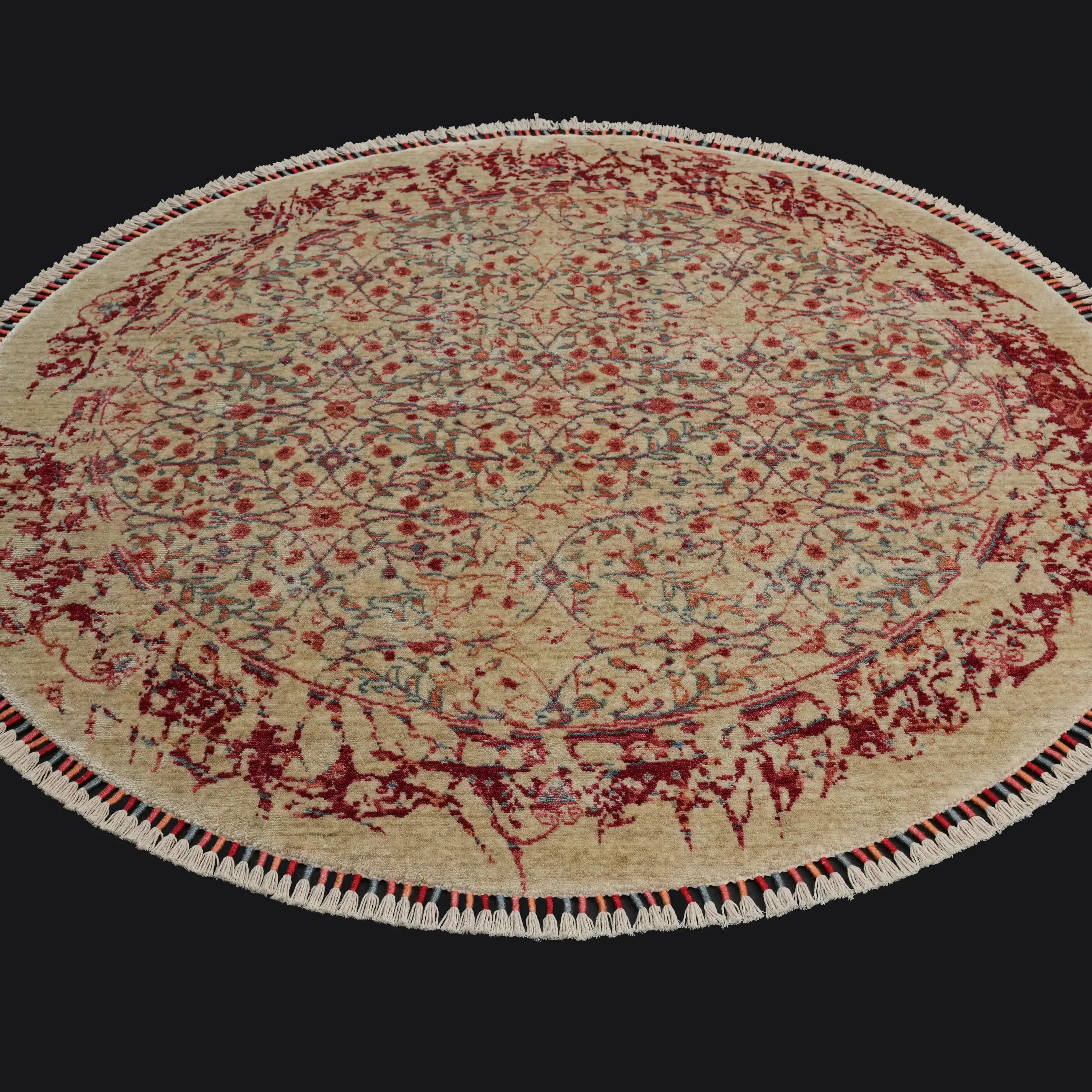 Zade Serisi Vintage Desenli Krem Tezgah Dokuma Doğal Yuvarlak Halı