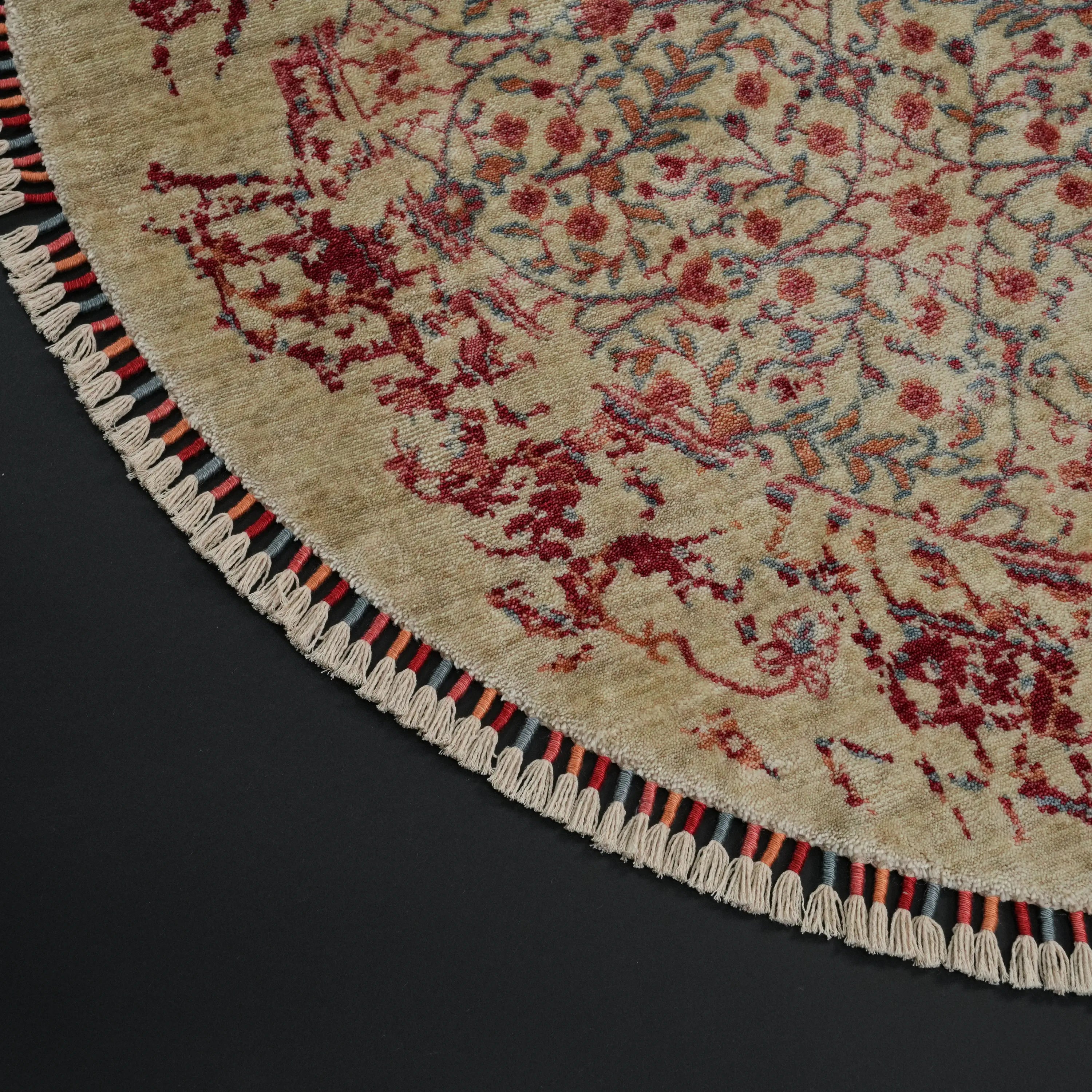 Zade Serisi Vintage Desenli Krem Tezgah Dokuma Doğal Yuvarlak Halı