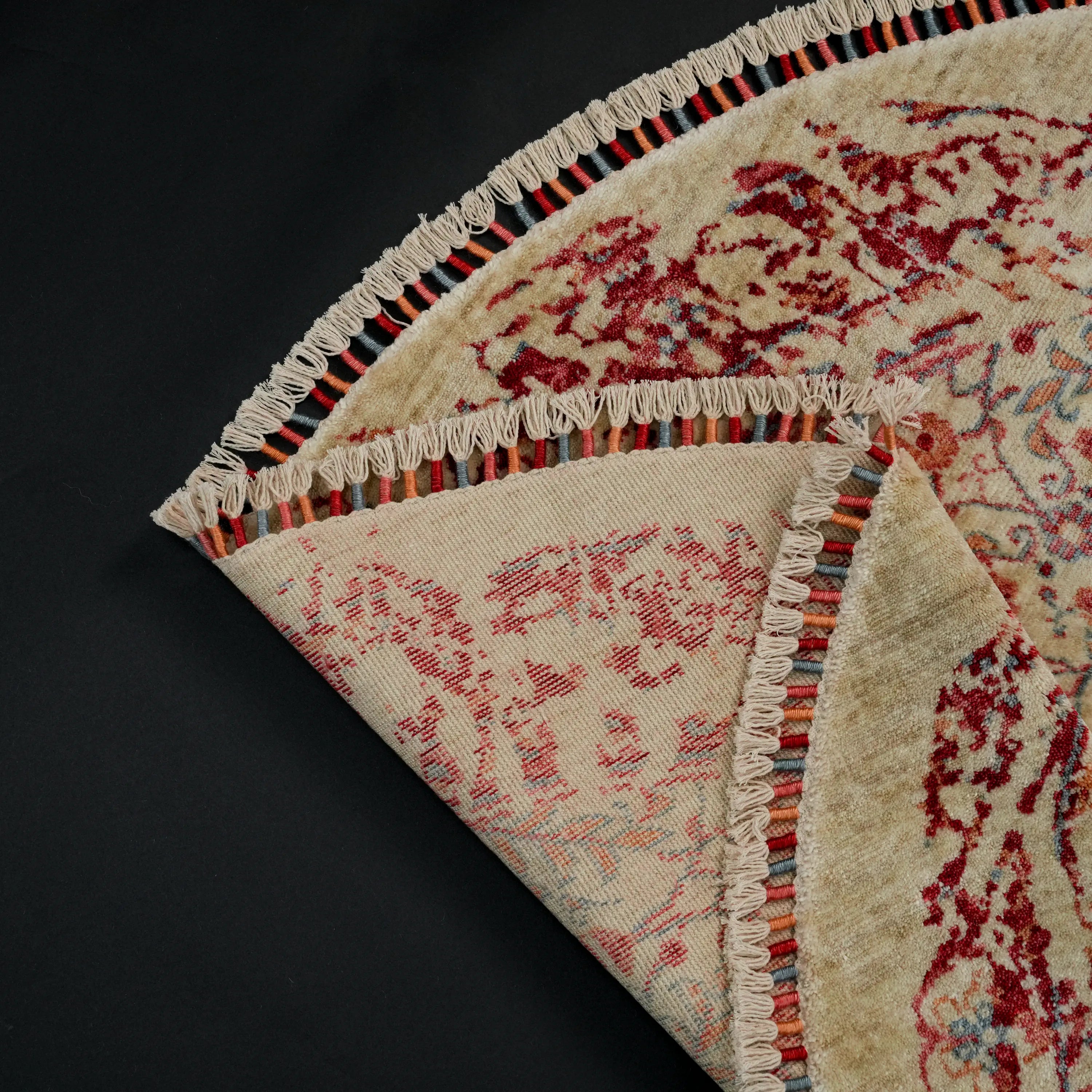 Zade Serisi Vintage Desenli Krem Tezgah Dokuma Doğal Yuvarlak Halı