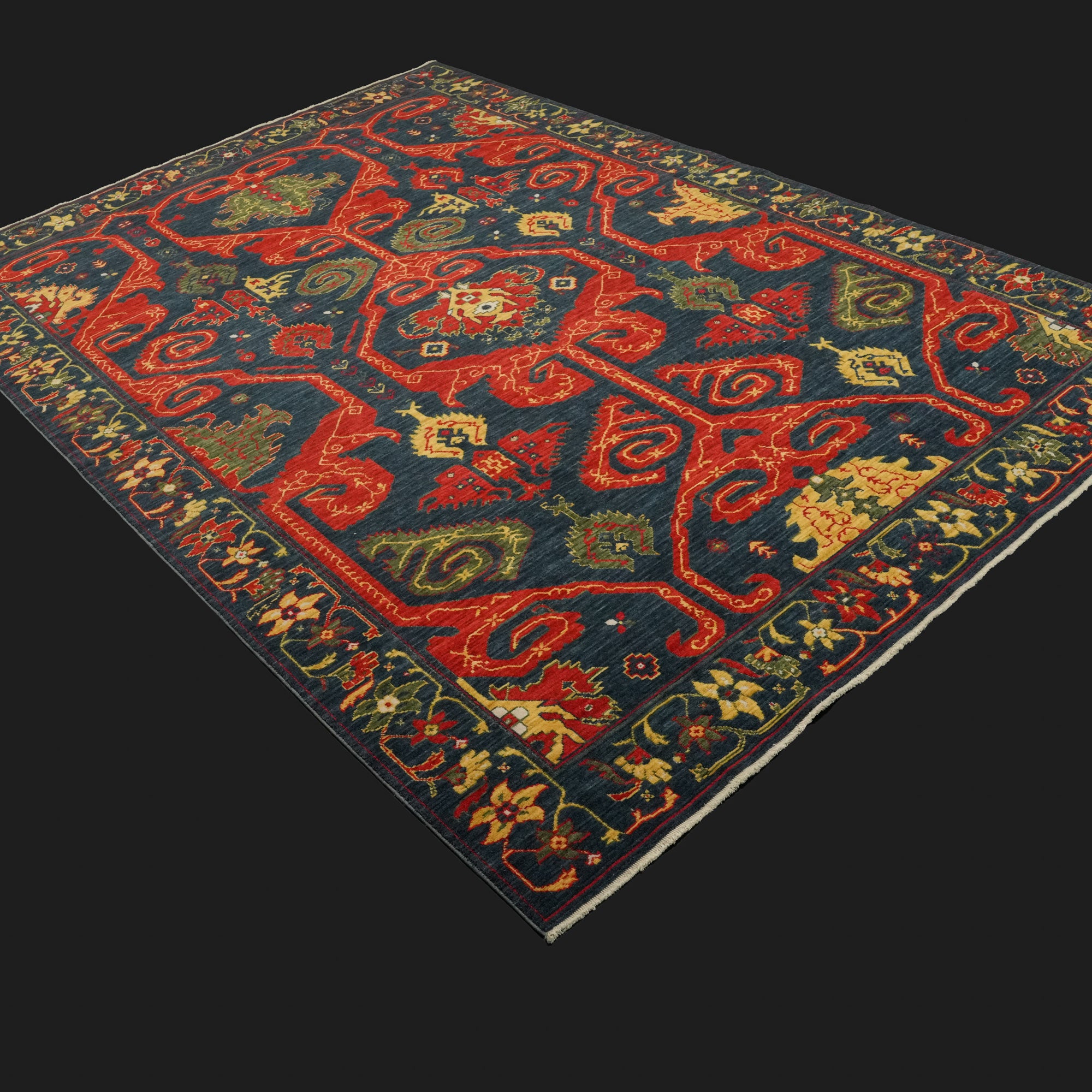 Zara Serisi Anadolu Desenli Lacivert Yün Tezgah Dokuma Halı