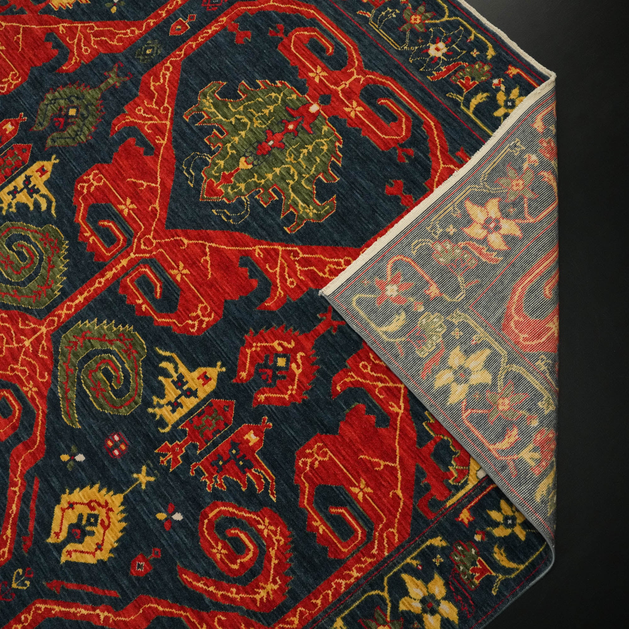 Zara Serisi Anadolu Desenli Lacivert Yün Tezgah Dokuma Halı