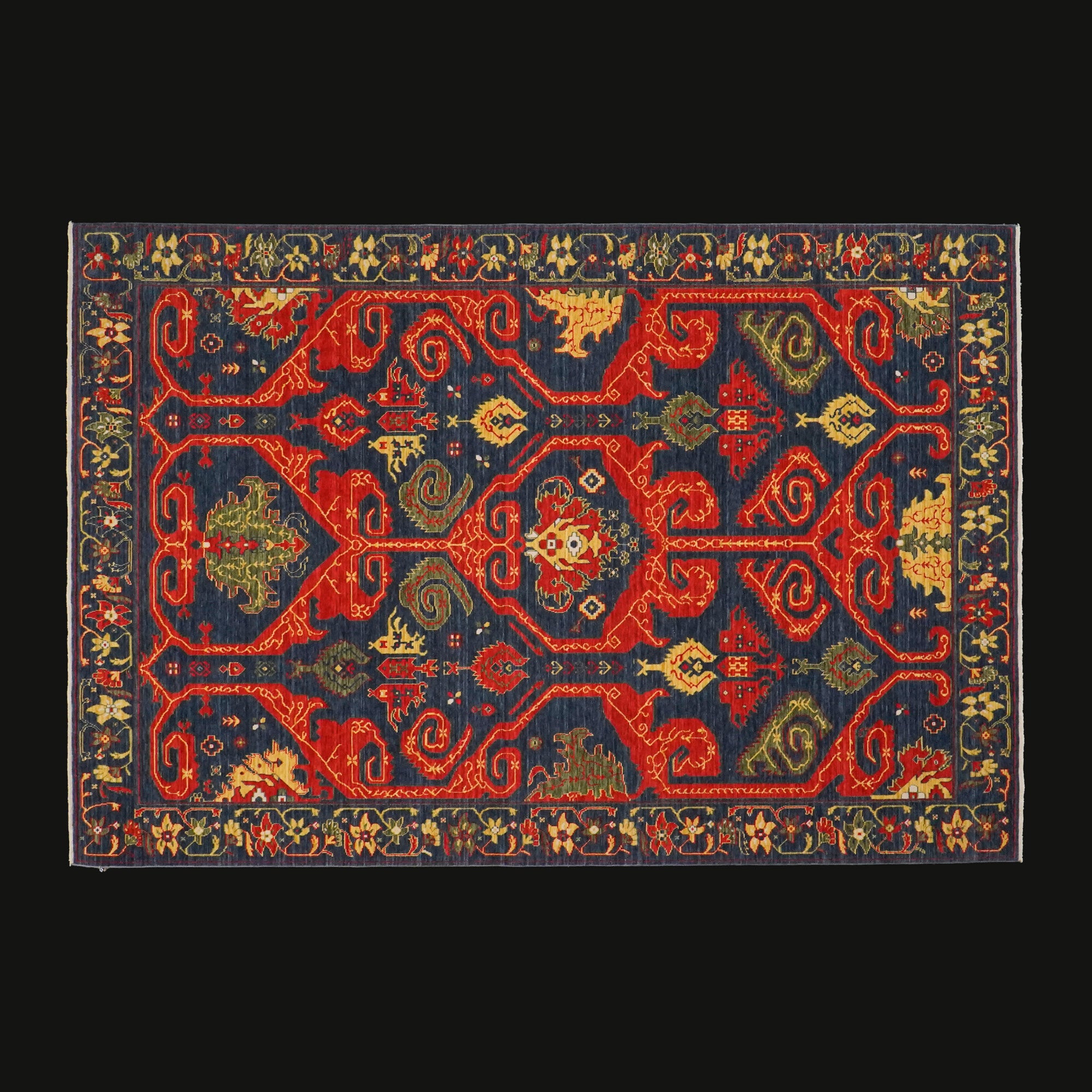 Zara Serisi Anadolu Desenli Lacivert Yün Tezgah Dokuma Halı