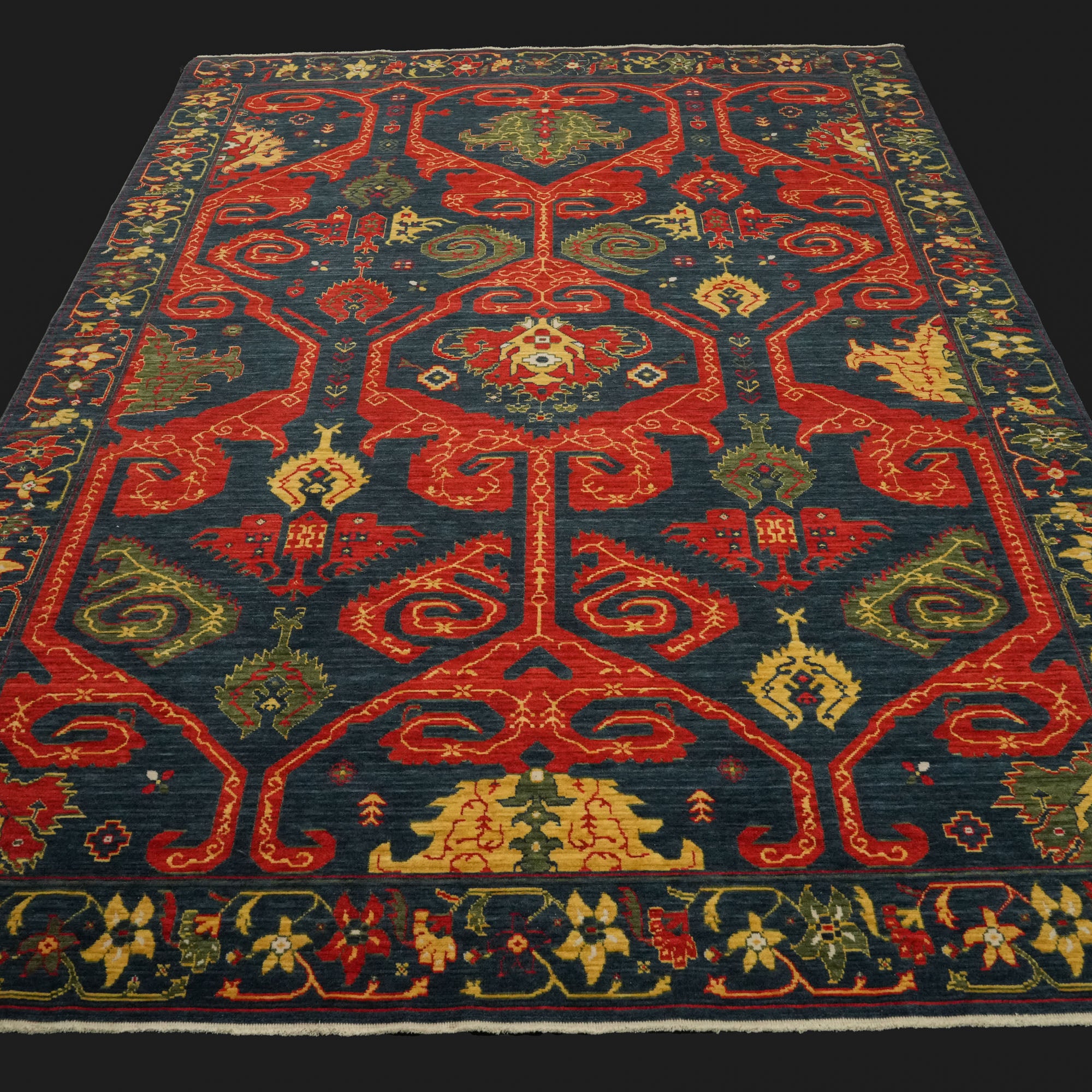 Zara Serisi Anadolu Desenli Lacivert Yün Tezgah Dokuma Halı