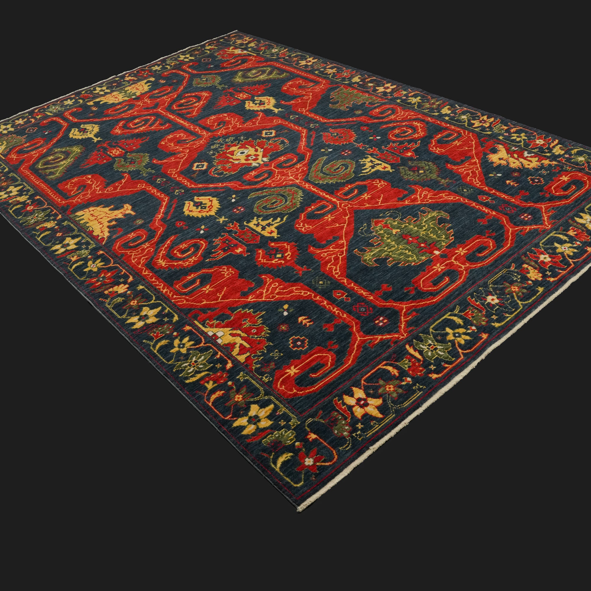 Zara Serisi Anadolu Desenli Lacivert Yün Tezgah Dokuma Halı