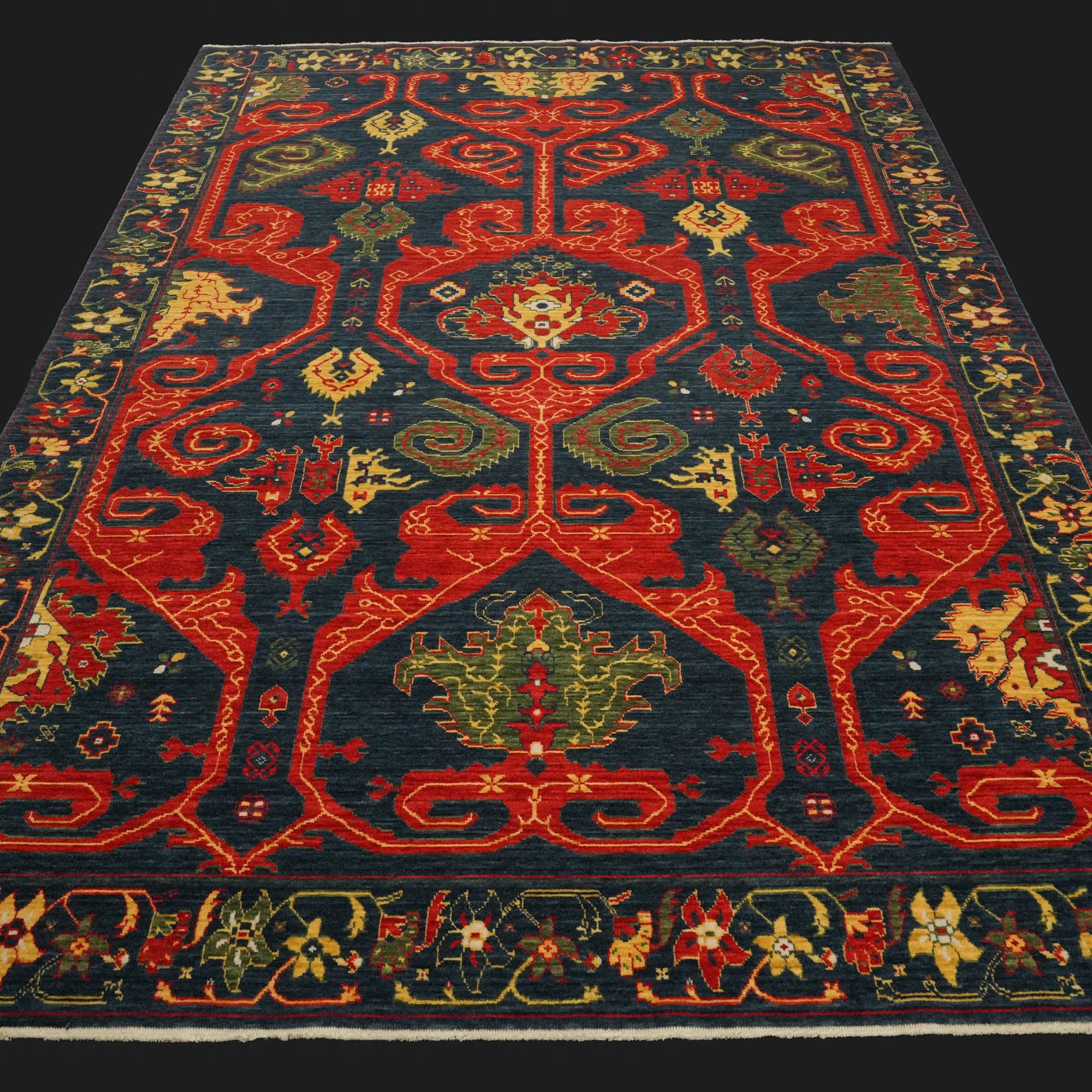 Zara Serisi Anadolu Desenli Lacivert Yün Tezgah Dokuma Halı