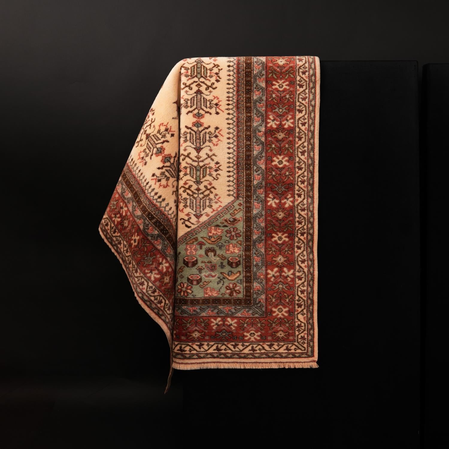 Handwoven Anatolian Patterned Cream Wool Kula Rug