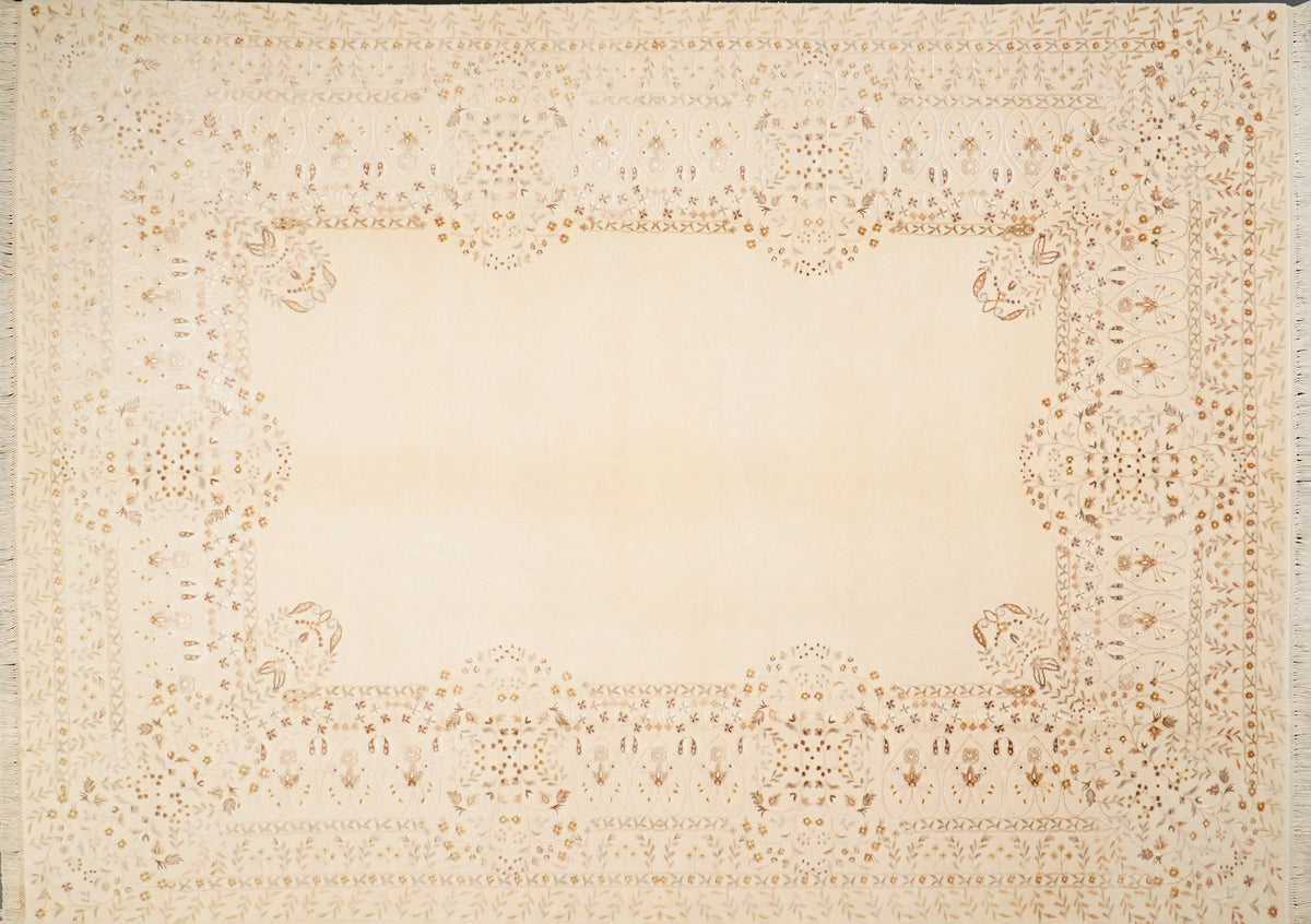 Cream Relief-Carved Floral Hand-Knotted Wool Rug, Ahteran Series — border pattern