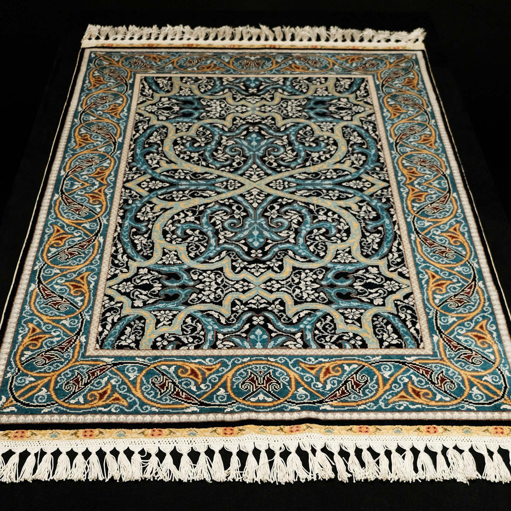 Anatolian Patterned Handwoven Turquoise Silk Rug