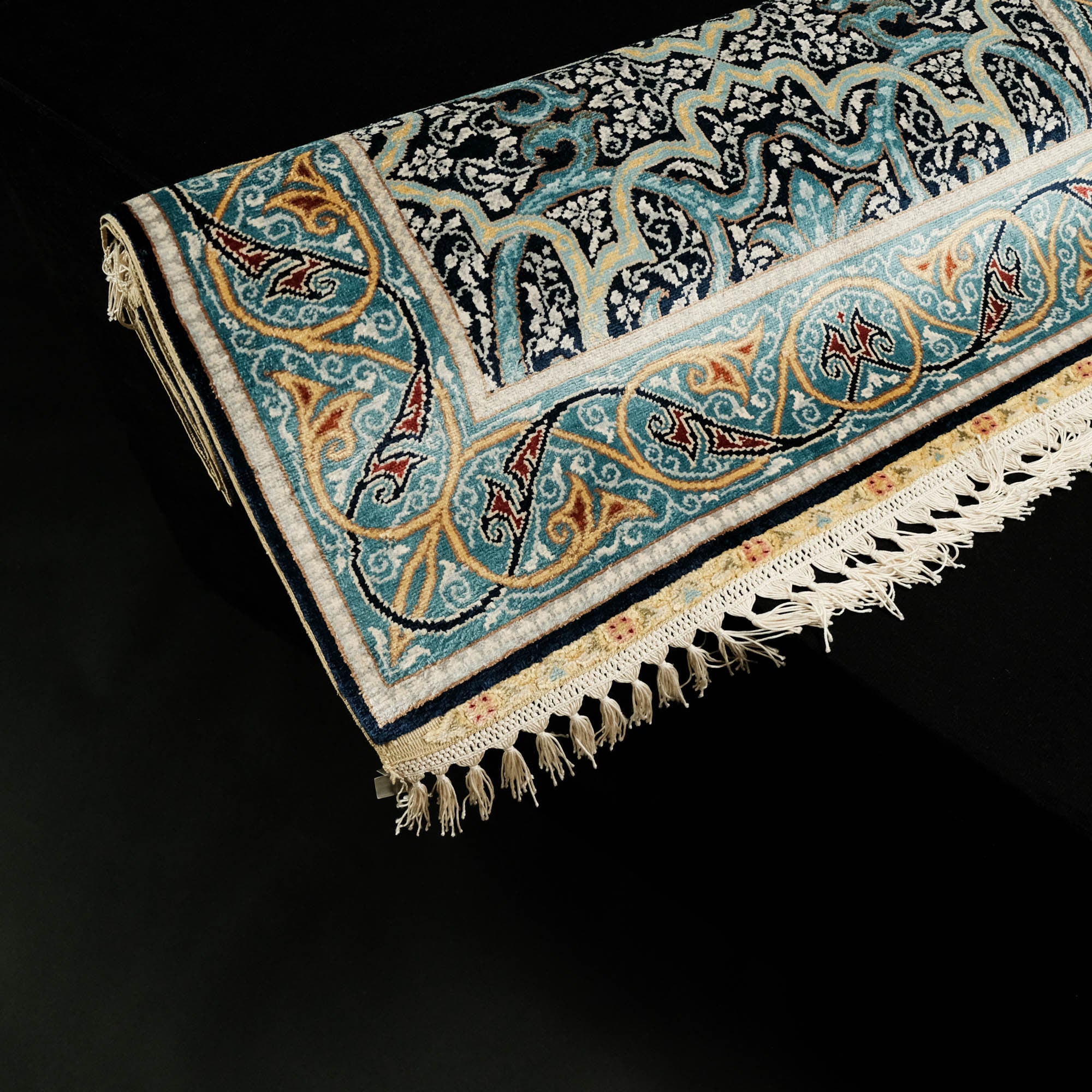 Hand-Woven Turquoise Silk Carpet with Frame Pattern