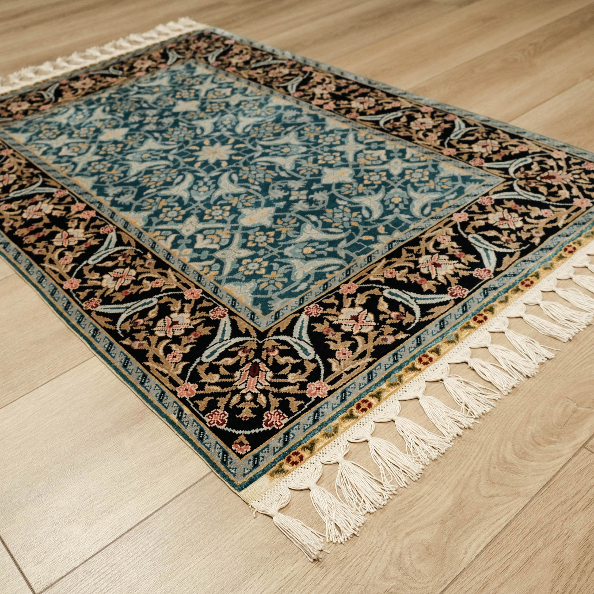 Anatolian Patterned Hand Woven Turquoise Silk Carpet