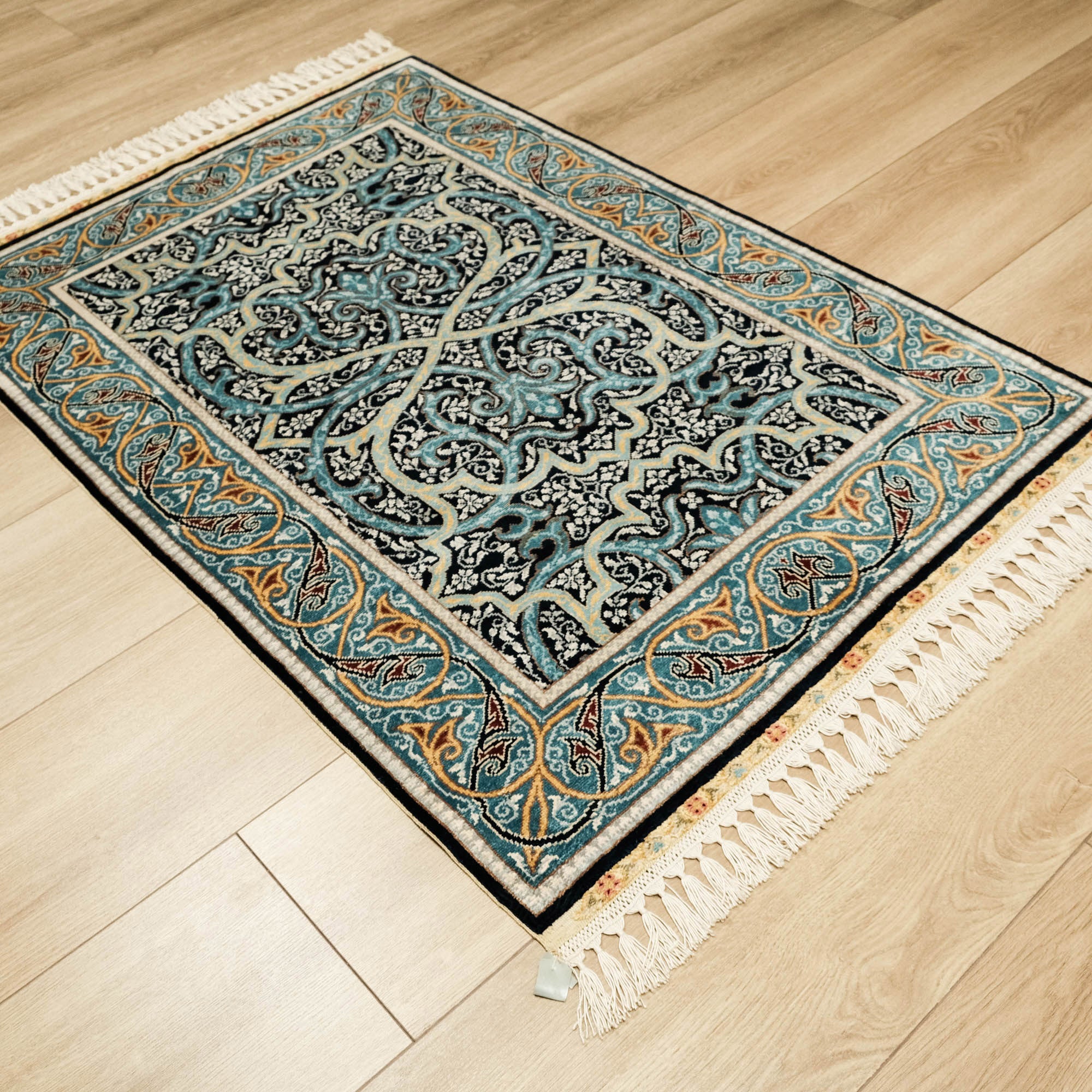 Hand-Woven Turquoise Silk Carpet with Frame Pattern