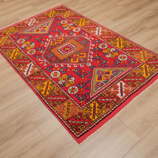 Anadolu Desenli Kırmızı Yün Çanakkale Köy Dokuma Halı, 126x200 cm — Halıcızade