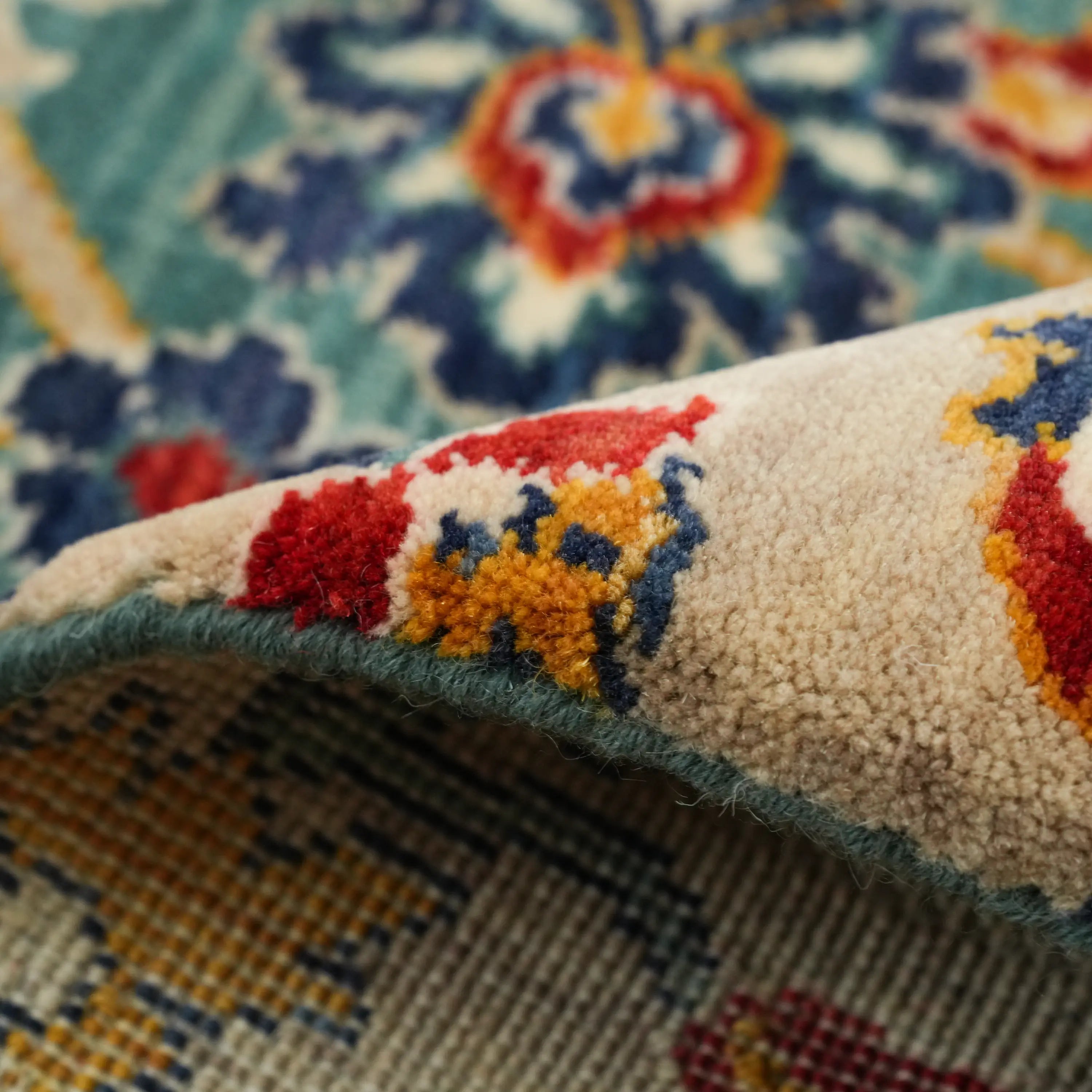 Anatolian Patterned Turquoise Wool Loom Woven Rug