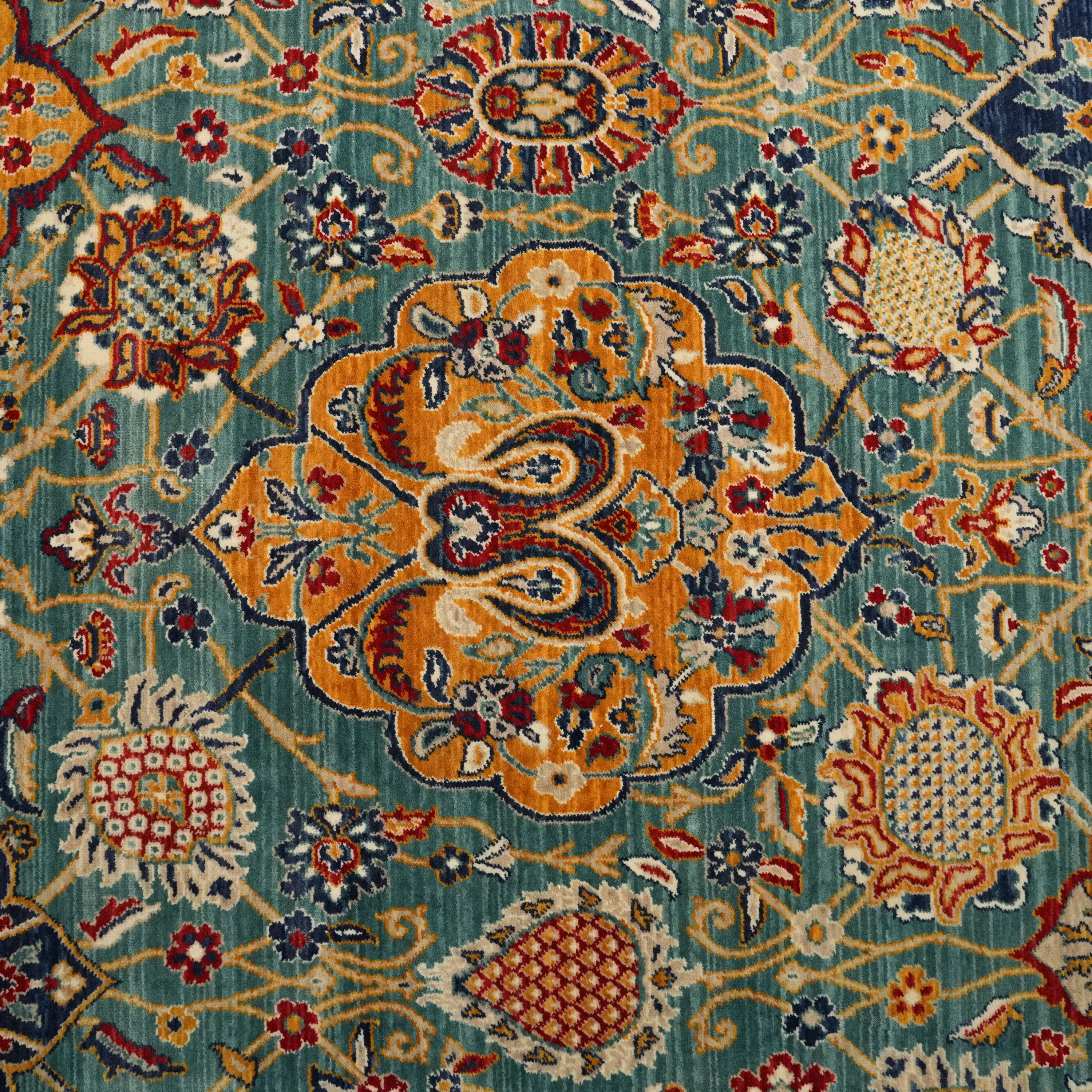 Anatolian Patterned Turquoise Wool Loom Woven Rug