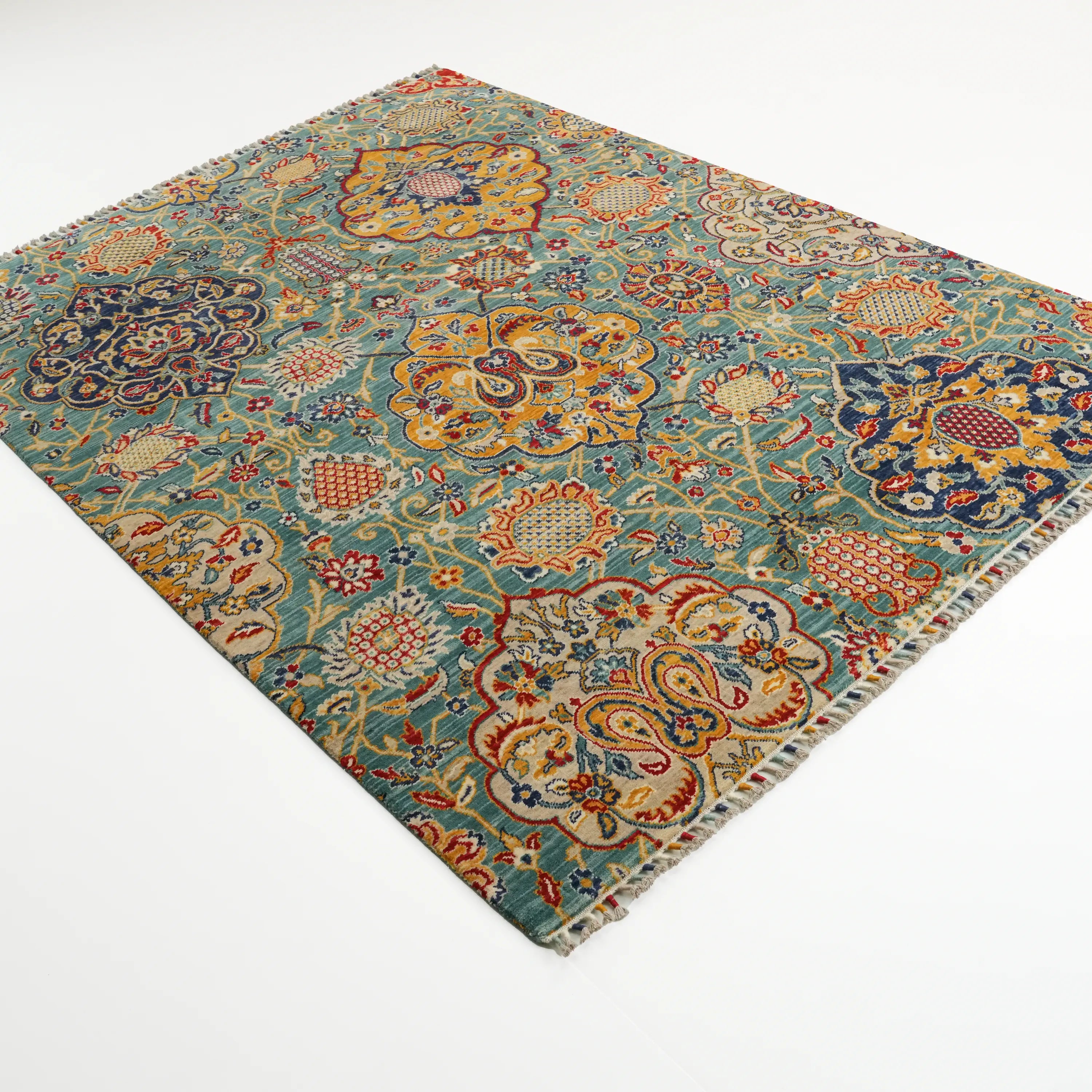 Anatolian Patterned Turquoise Wool Loom Woven Rug