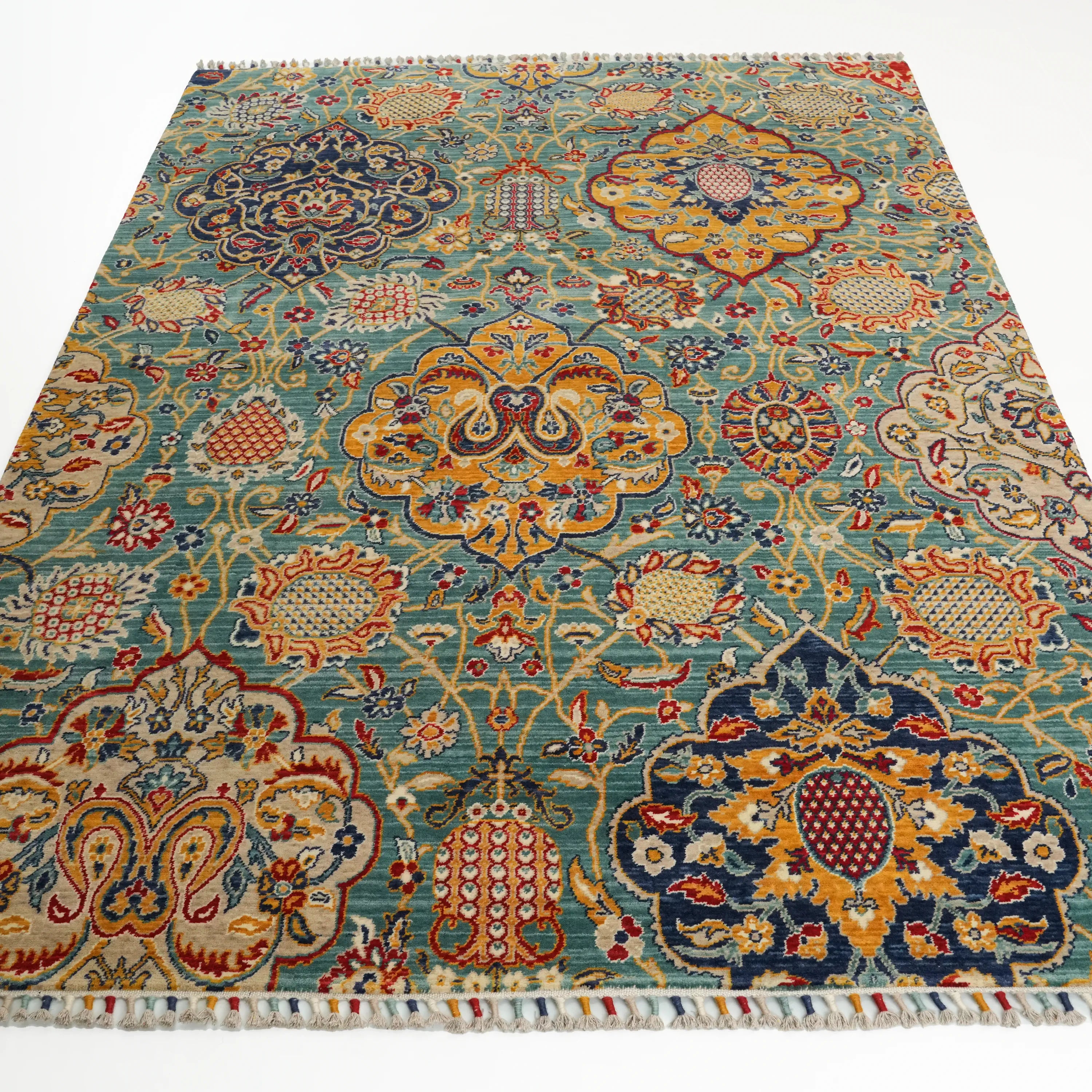 Anatolian Patterned Turquoise Wool Loom Woven Rug