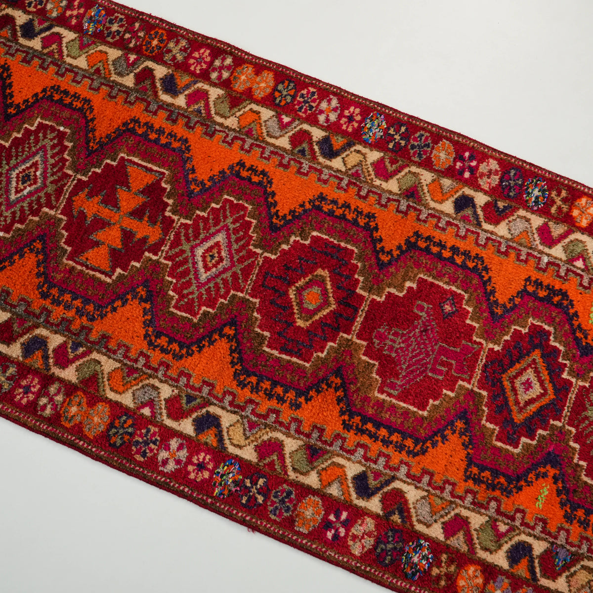 Orange Anatolian Hand-Knotted Wool Herki Runner — natural fiber