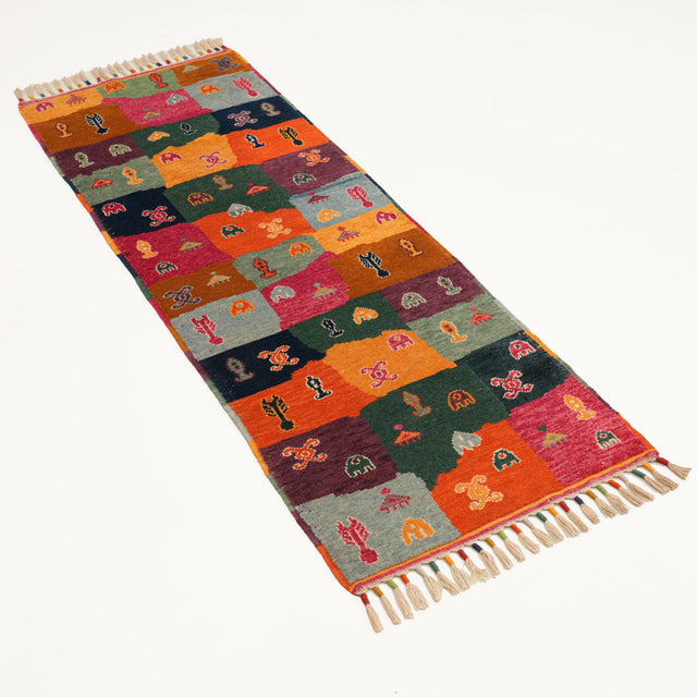 Anadolu şal serisi patchwork el dokuma yün halı, rengarenk, 60x178 cm — Halıcızade