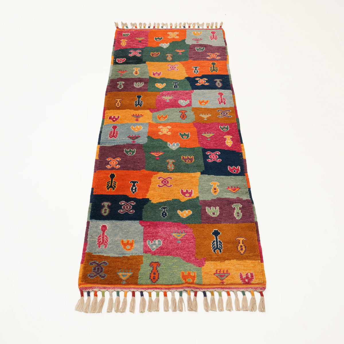 Anadolu Şal Serisi El Dokuma Patchwork Desenli Rengarenk Yün Halı — 60x178, 65x172 cm