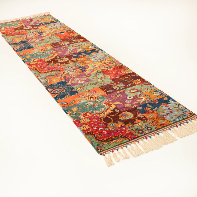 Anadolu şal serisi patchwork el dokuma yün halı, rengarenk, 80x290 cm — Halıcızade