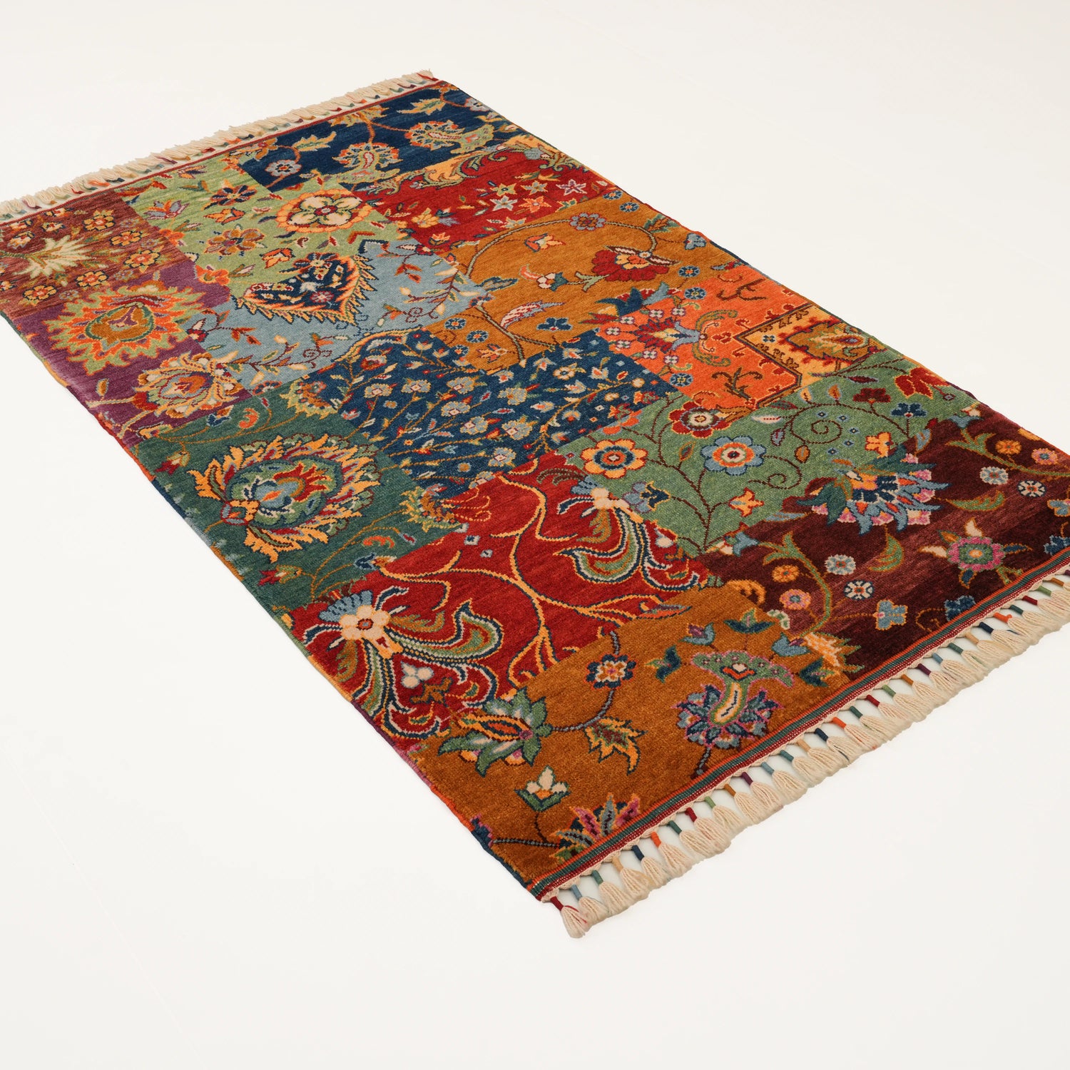 Anadolu şal serisi patchwork el dokuma yün etnik halı, rengarenk, 117x185 cm — Halıcızade
