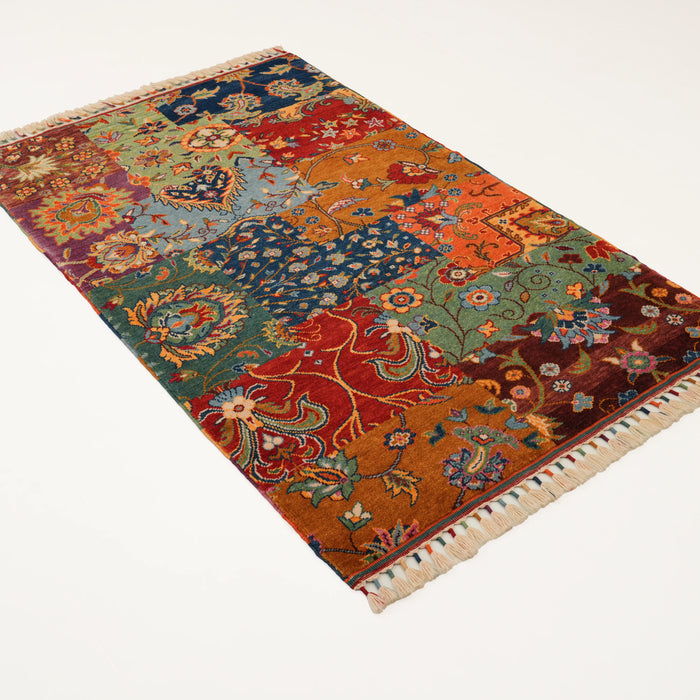 Anadolu şal serisi patchwork el dokuma yün etnik halı, rengarenk, 117x185 cm — Halıcızade