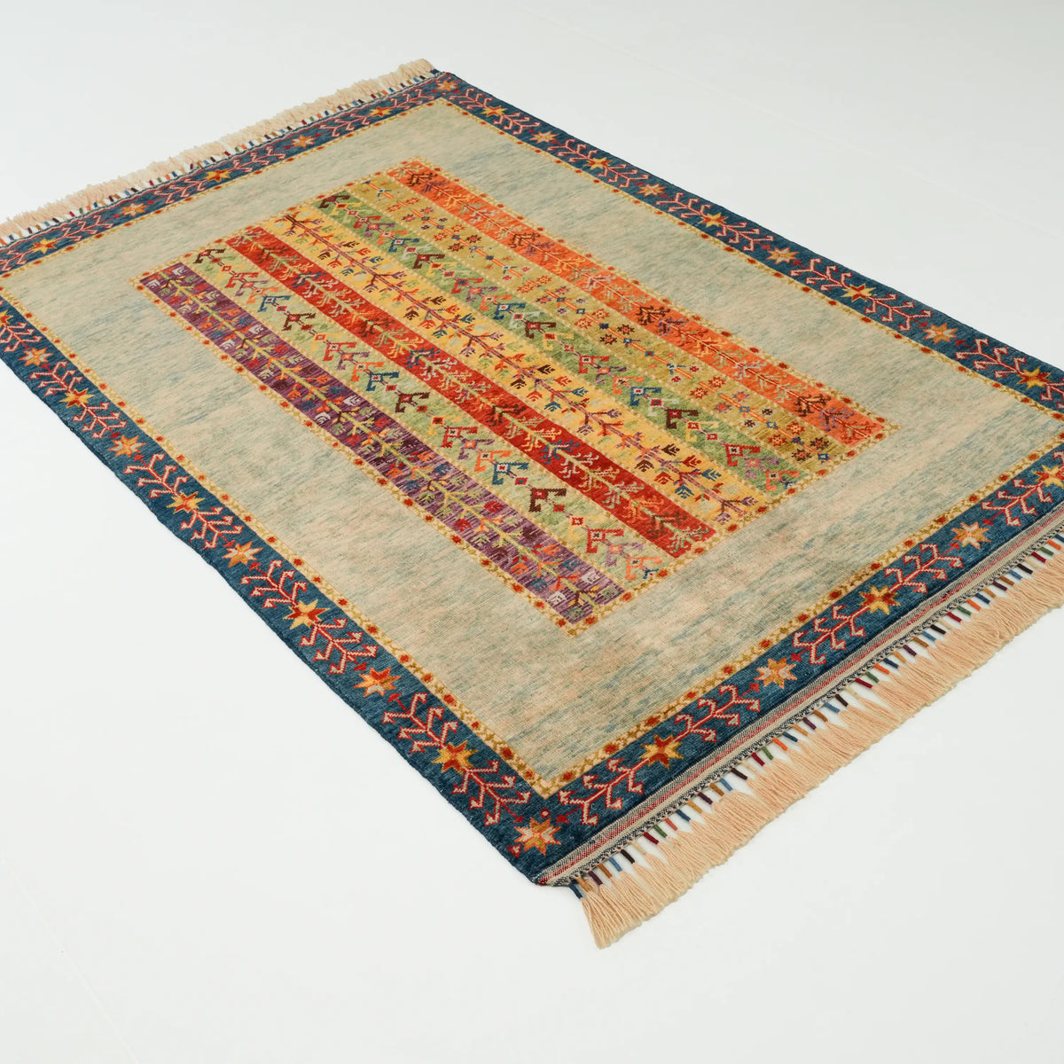 Blue and Cream Sivas Zara Handwoven Wool Rug, Anadolu Şal Series, Colorful, 121x182 cm — Halıcızade