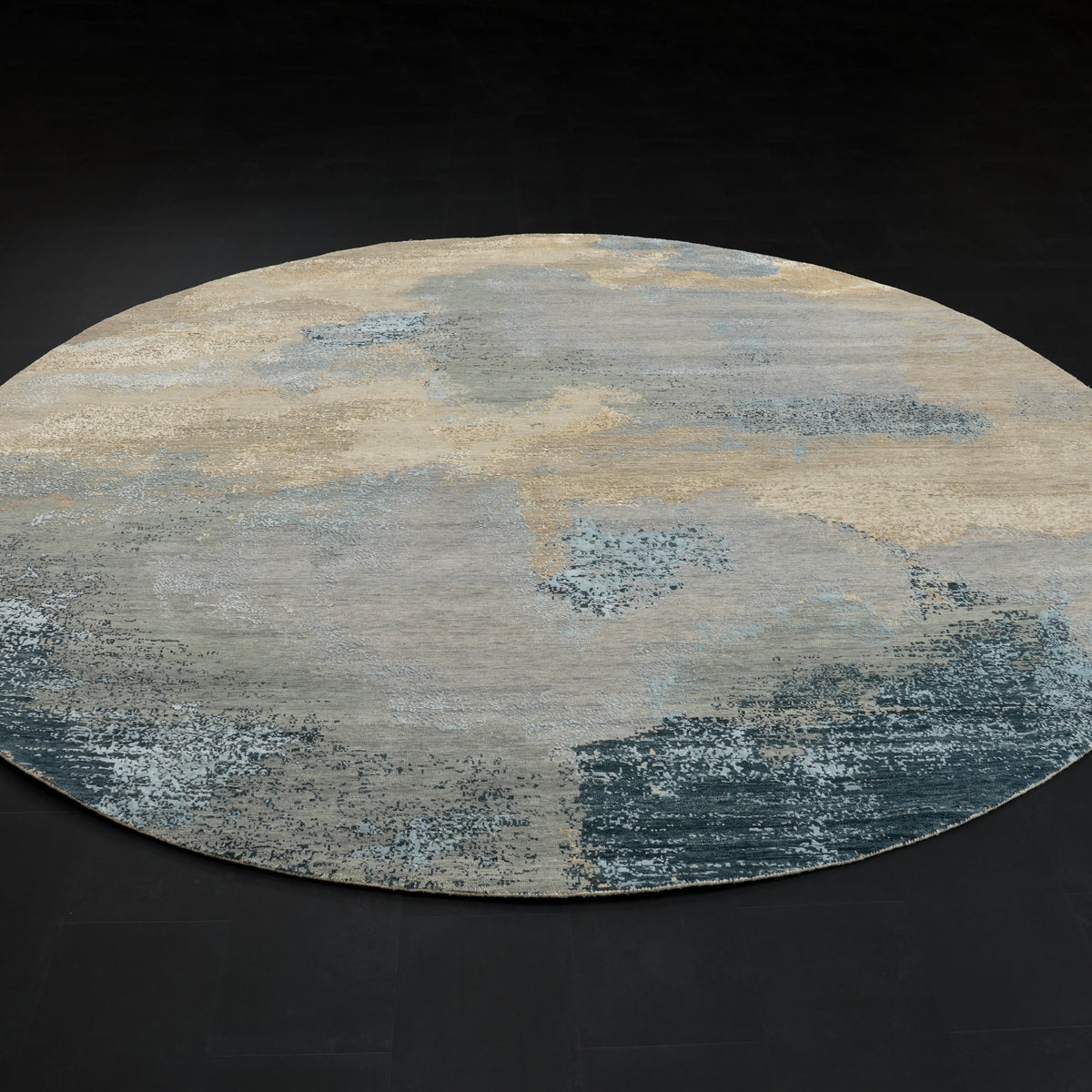 Aren Serisi El Dokuma Soyut Desenli Gri İpekli Yün Yuvarlak Halı, 298x298 cm — Halıcızade
