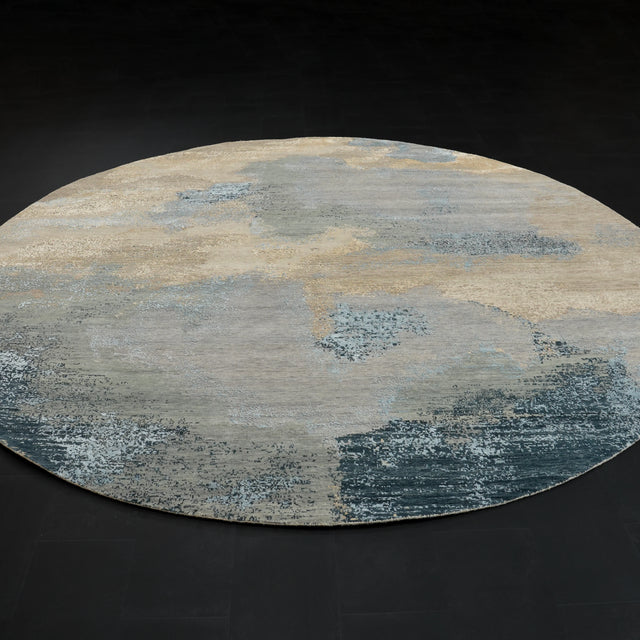 Aren Serisi El Dokuma Soyut Desenli Gri İpekli Yün Yuvarlak Halı, 298x298 cm — Halıcızade