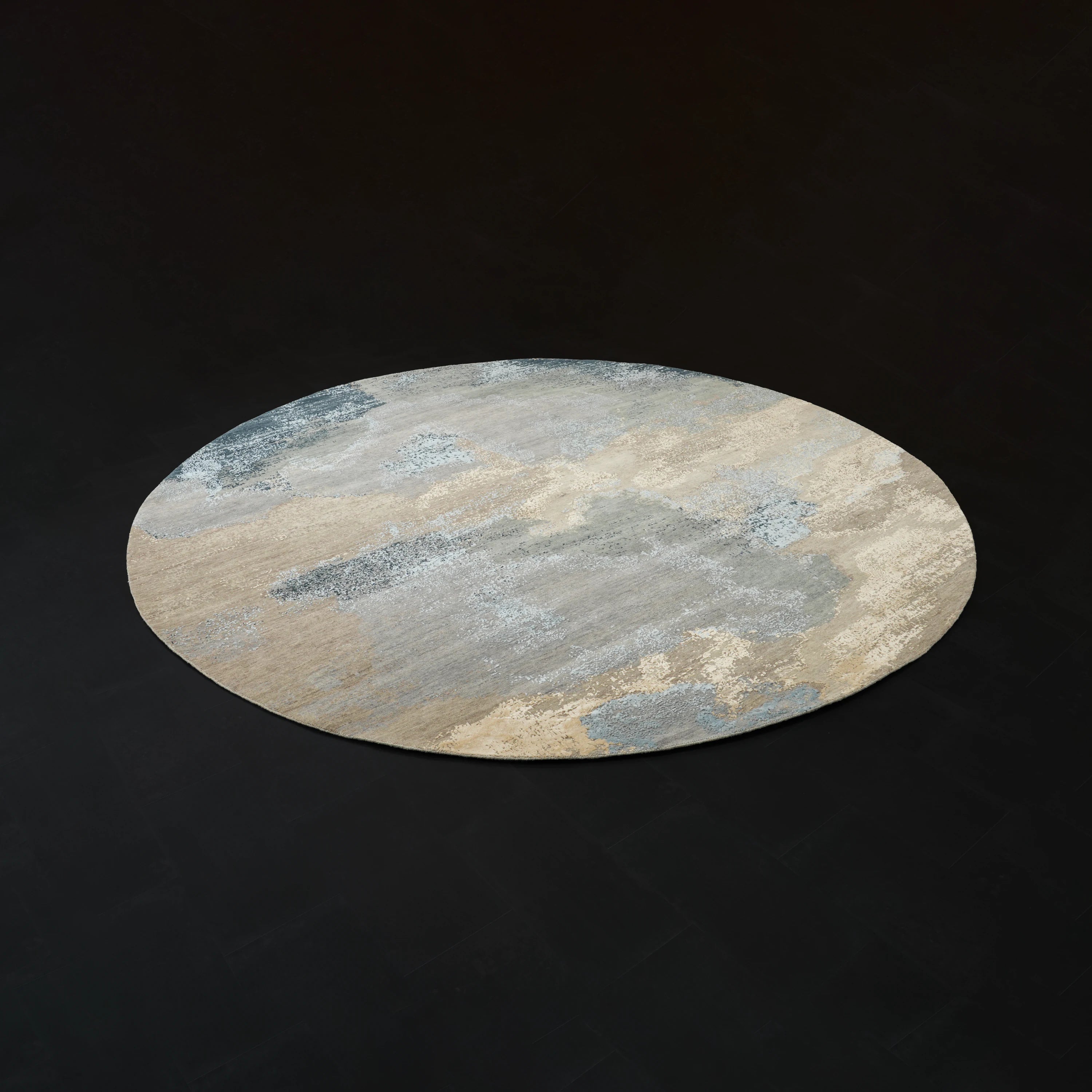 Aren Serisi El Dokuma Soyut Desenli Gri İpekli Yün Yuvarlak Halı