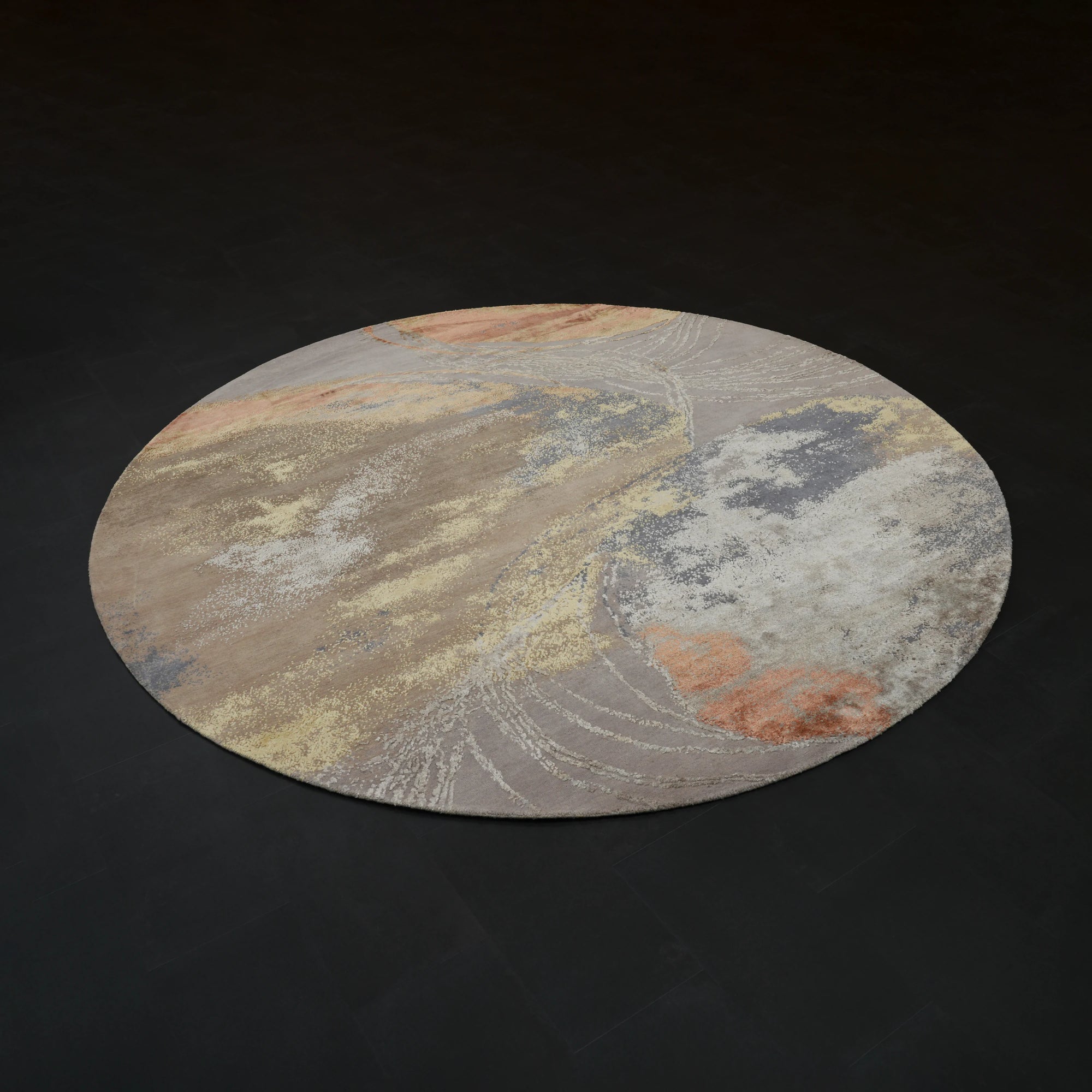 Aren Serisi El Dokuma Soyut Desenli Gri Yün İpekli Yuvarlak Halı — 240x240 cm