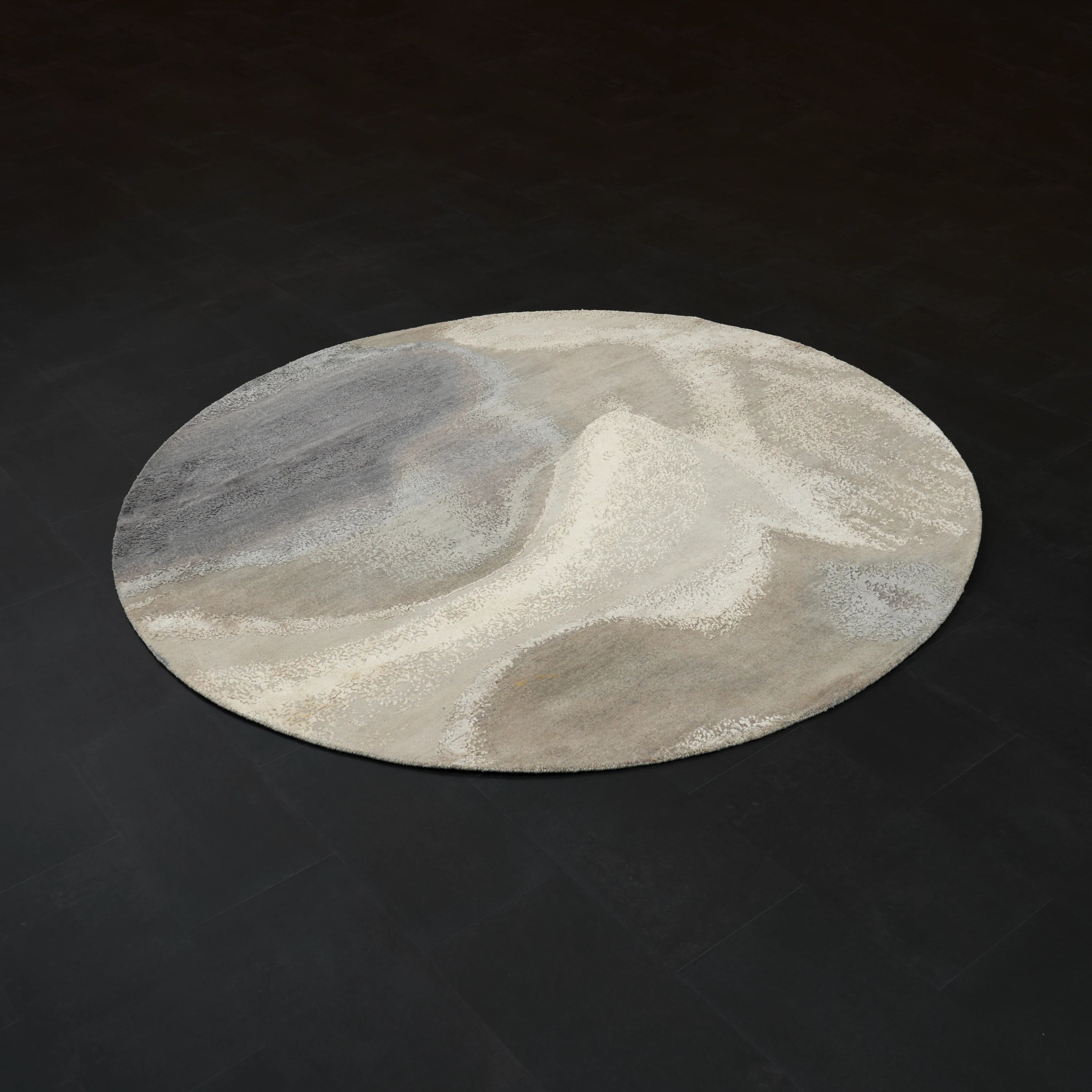 Aren Serisi El Dokuma Soyut Desenli İpekli Yün Gri Yuvarlak Halı