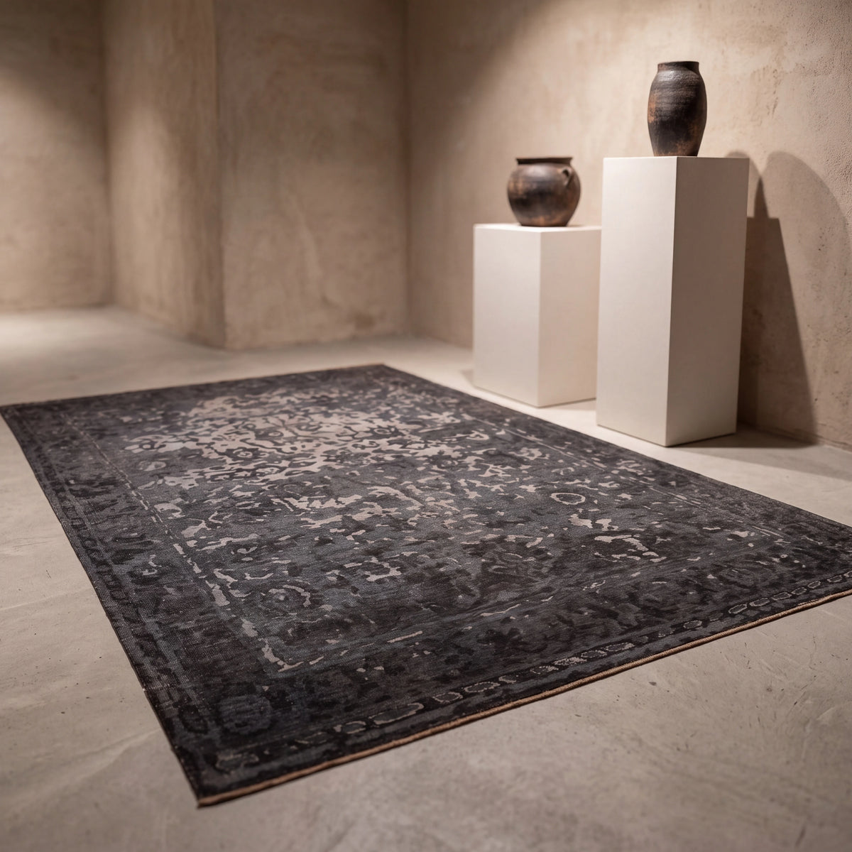 Ayan Series vintage-pattern rug — in a plastered-wall room, beside white plinths and dark vases