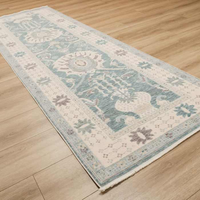 Berceste Serisi Klasik Tasarım Uşak Desenli Mavi Yün Halı, 99x301 cm — Halıcızade