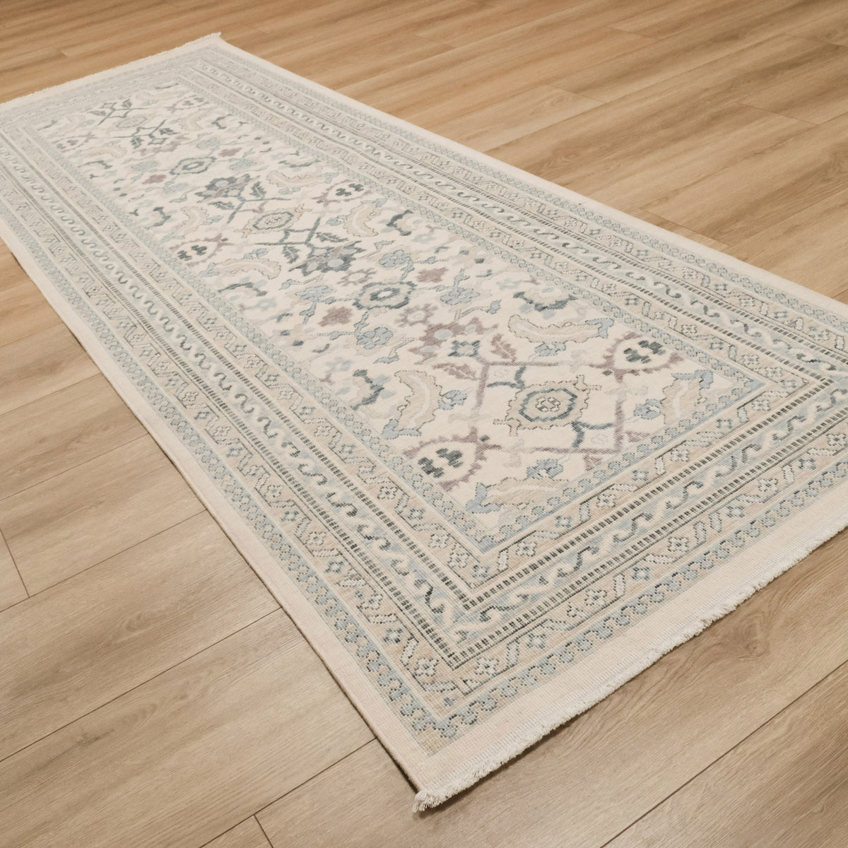 Blue Oushak Machine-Woven Wool Runner on Cream, Berceste Series, 100x284 cm — Halıcızade