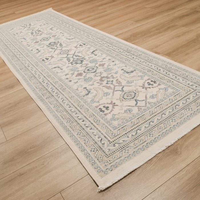 Berceste Serisi Klasik Tasarım Uşak Desenli Mavi Yün Pamuk Halı, 100x284 cm — Halıcızade